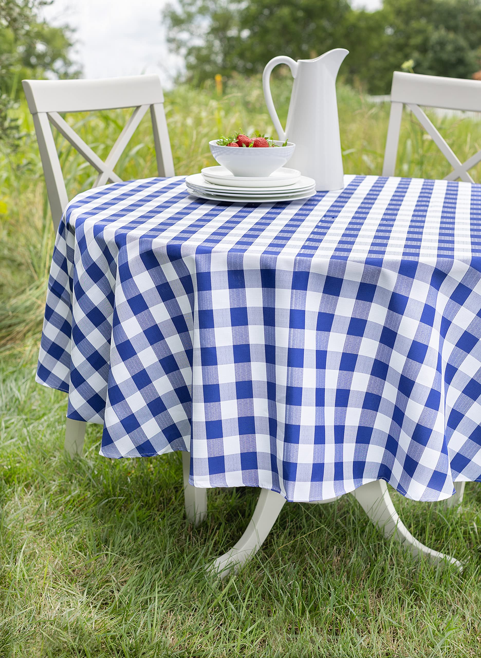 Benson Mills Spillproof Checkered Tablecloth - Waterproof Indoor Outdoor Round Table Cover for Picnic, Patio, Spring & Summer - Blue Buffalo Check 70