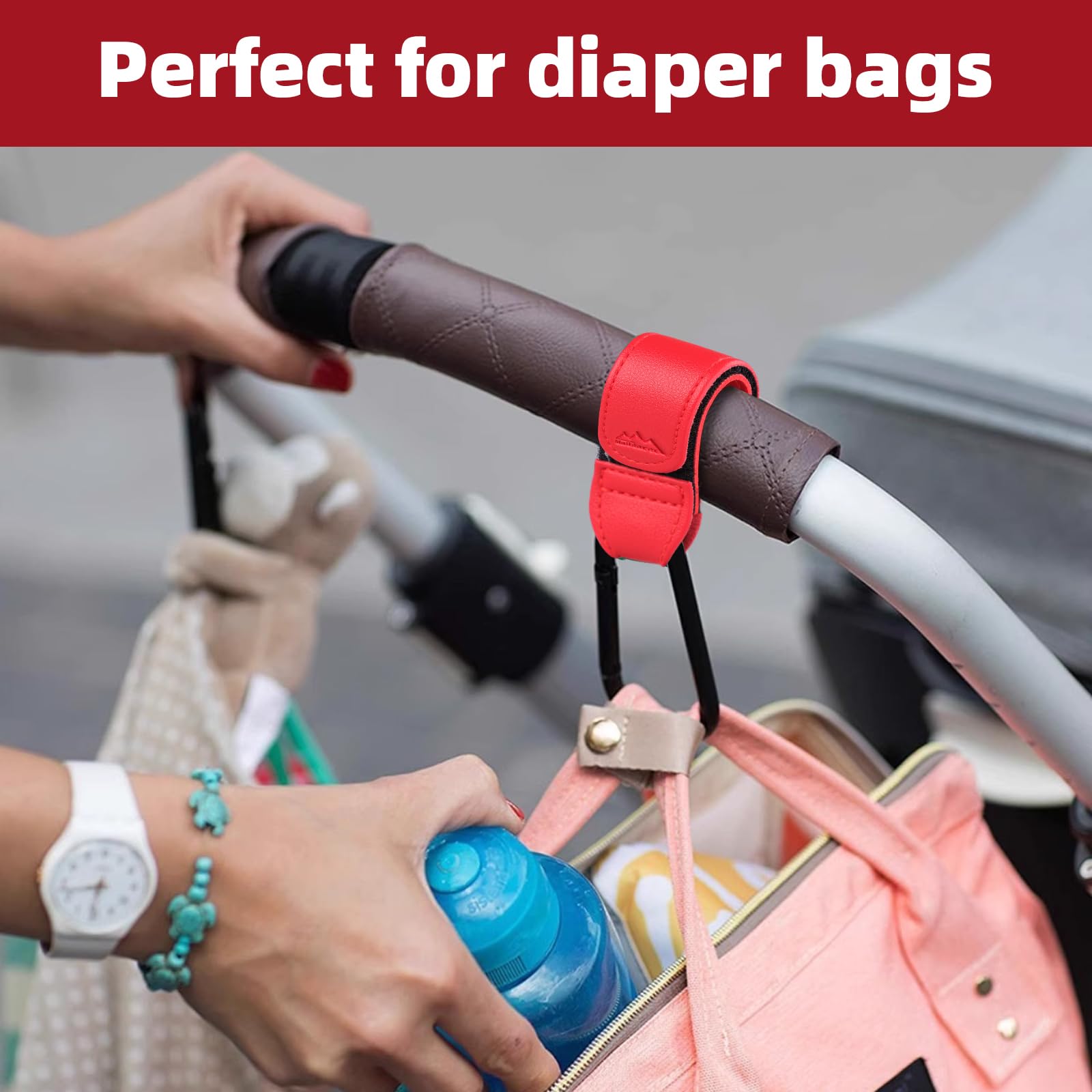 Premium Baby Stroller Hooks - 2 Pack Multipurpose Bag Hangers for Diaper Bags & Grocery Shopping | Durable Vegan Leather Pram Straps (Red) | Perfect for Strollers, Shopping Carts & Travel Gear Organization