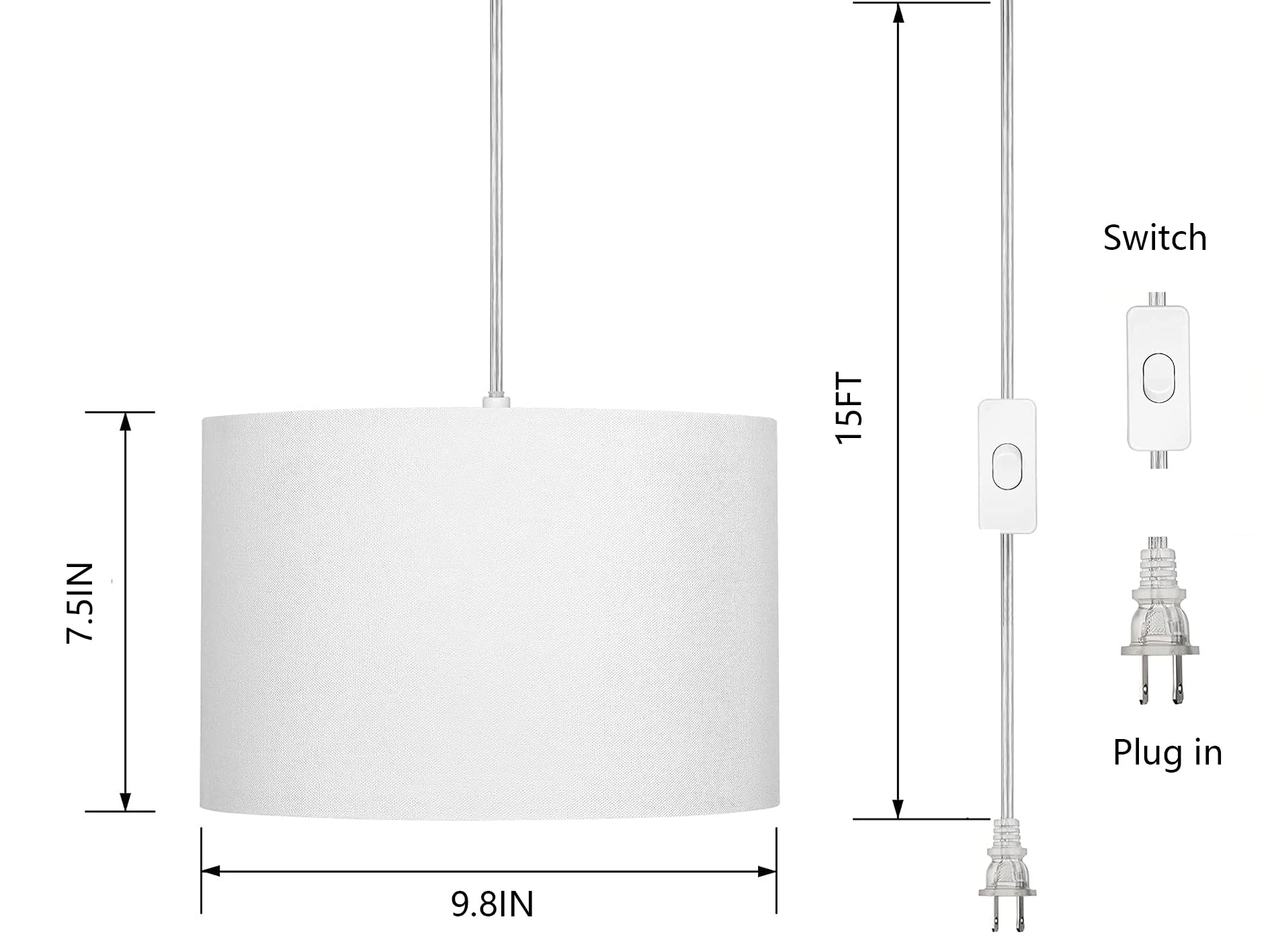 15FT White Hanging Pendant Lamp with Remote Control & Plug-in Cord - Dimmable Ceiling Light Fixture for Living Room, Bedroom, Farmhouse, Kitchen & Dining Room Decor