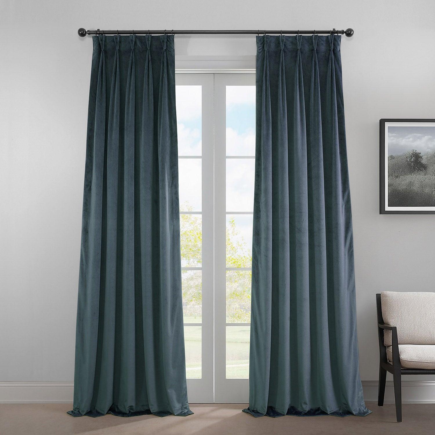 Premium London Blue French Pleat Heritage Plush Velvet Blackout Curtains - Thermal Insulated Room Darkening Drapes for Bedroom, Living Room & Home Theater