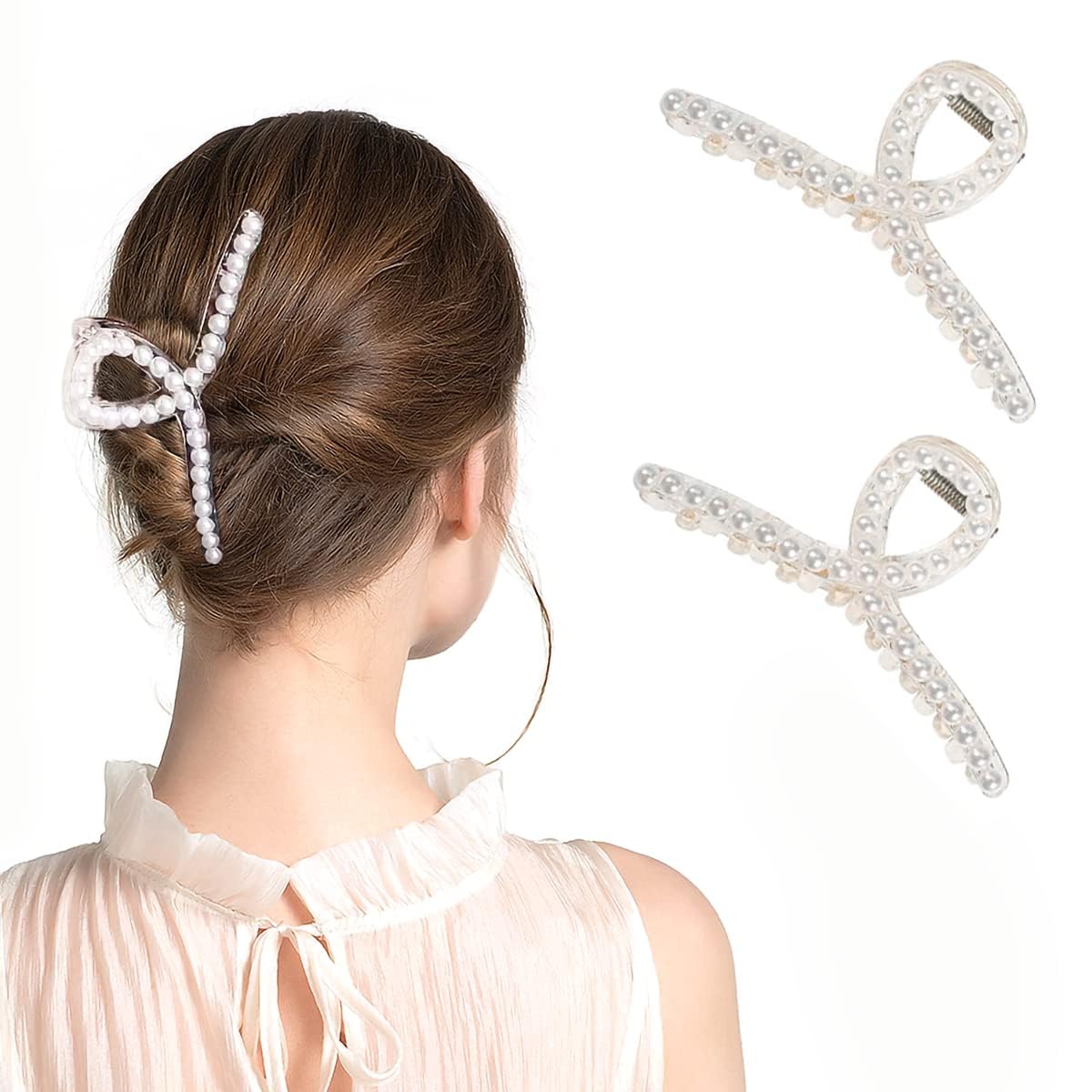 EPARTY 2 Pack Large Pearl Hair Claw Clips for Women - Strong Hold Hair Clutches & Barrettes for Long Hair, Perfect for Parties, Weddings and Everyday Styling