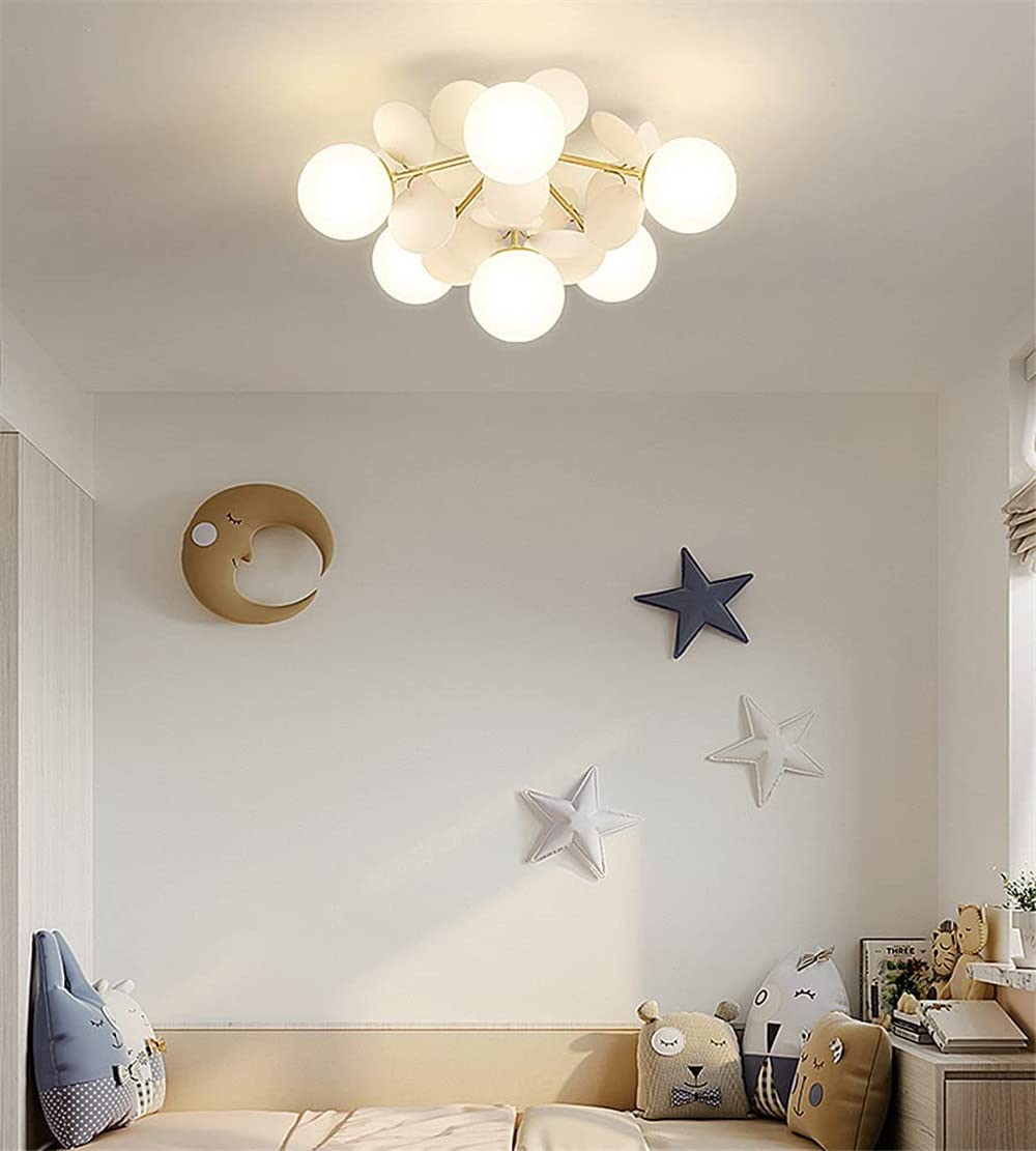 NIUYAO 8-Light White Glass Spherical Semi Flush Mount Ceiling Chandelier - Nordic Style Decorative Leaf Design for Bedroom, Living Room & Dining Room Lighting