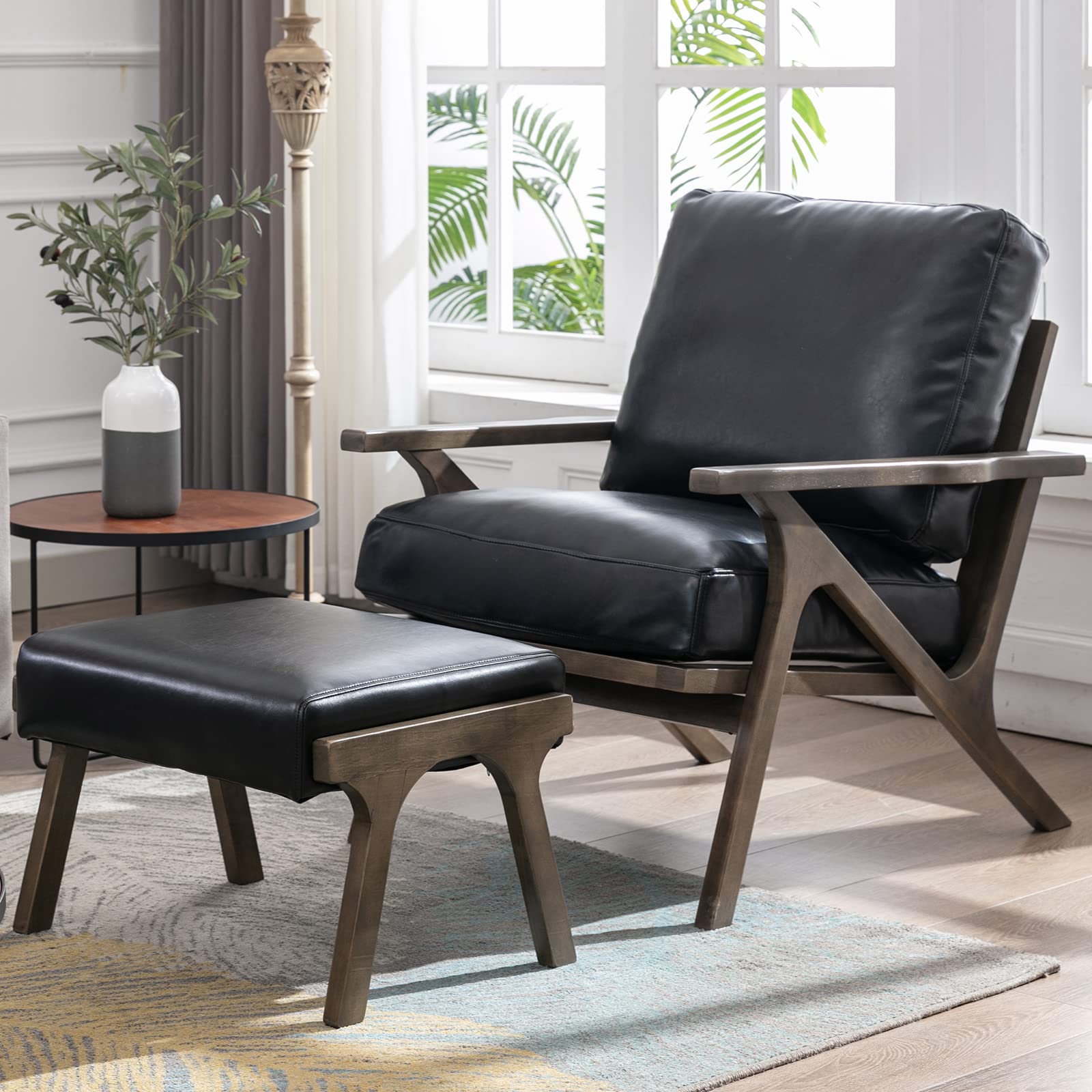 Guyou Mid-Century Modern Leather Accent Chair with Ottoman - Upholstered Armchair & Footrest Set - Comfortable Lounge Chair for Living Room, Bedroom, Fireplace or Reading Nook - Black Leather Sofa Chair for Relaxation & Home Decor
