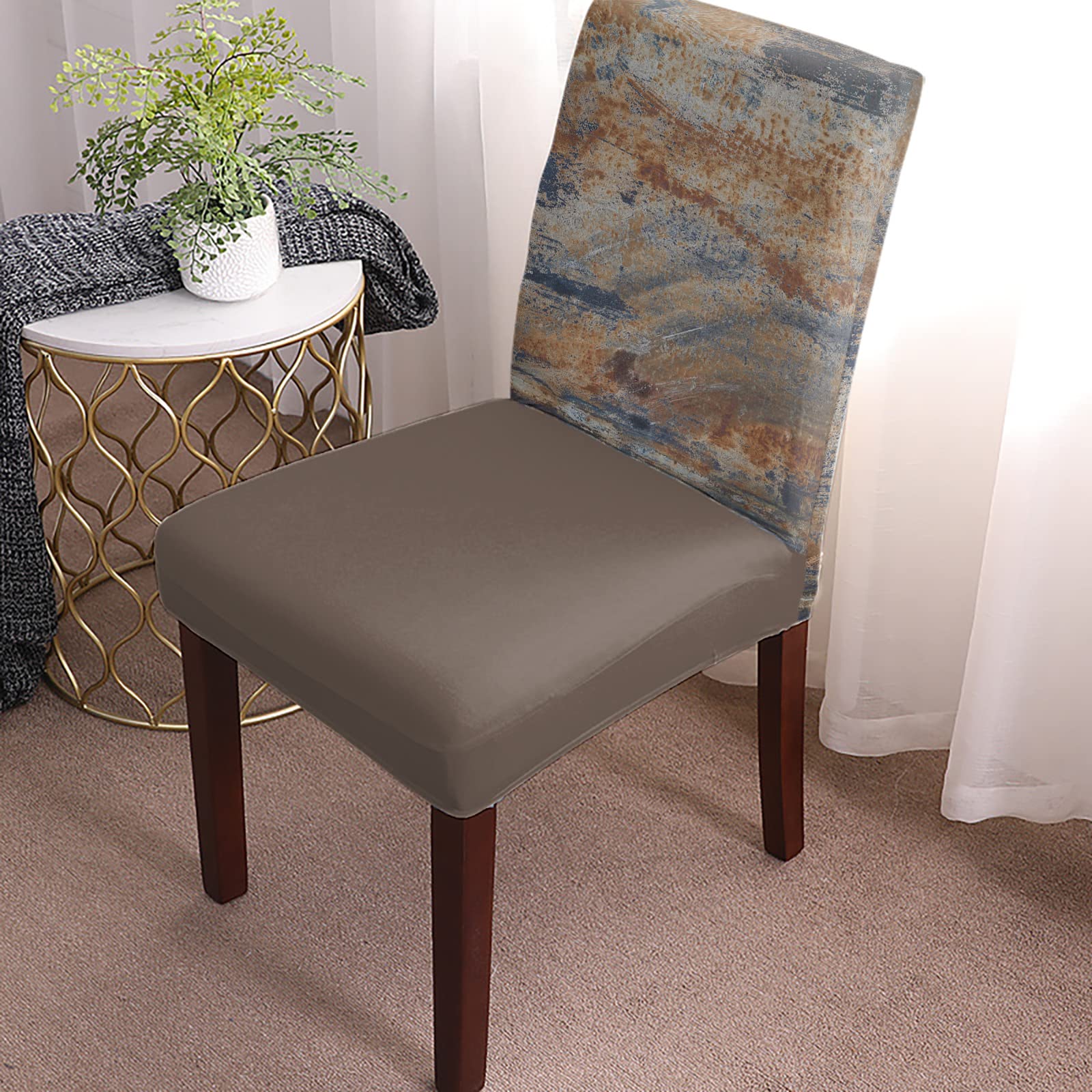 Brown & Blue Stretch Washable Dining Chair Covers - Vintage Farmhouse Shabby Chic Slipcovers (Set of 4) | Removable Kitchen Chair Protectors for Restaurant, Hotel, Wedding | Perfect for Home Decor & Event Styling
