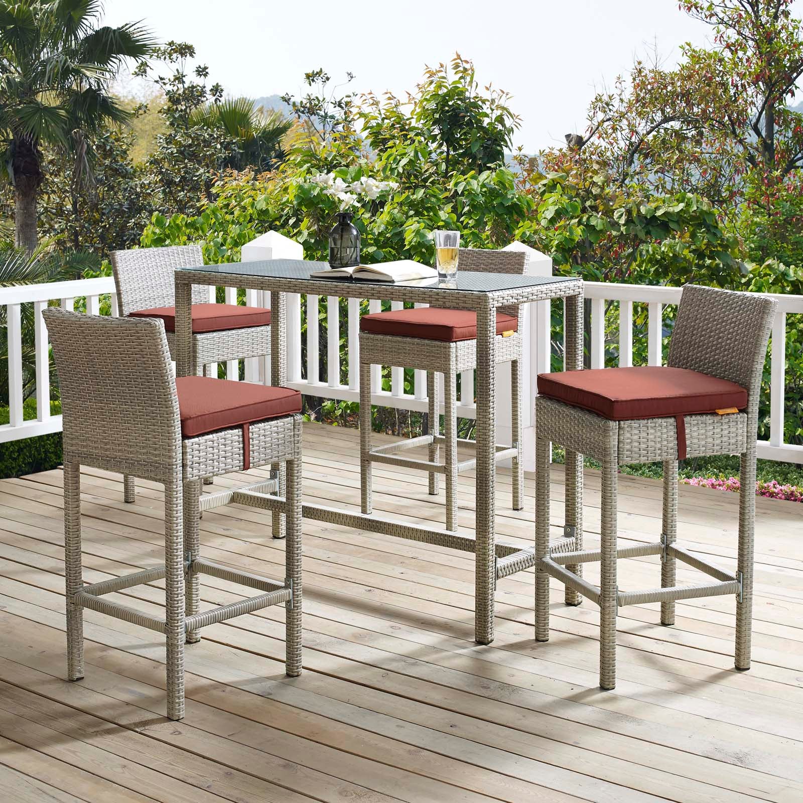 4-Piece Outdoor Patio Bar Stool Set - Wicker Rattan Bar Height Counter Stools for Backyard, Deck, Poolside & Garden Dining