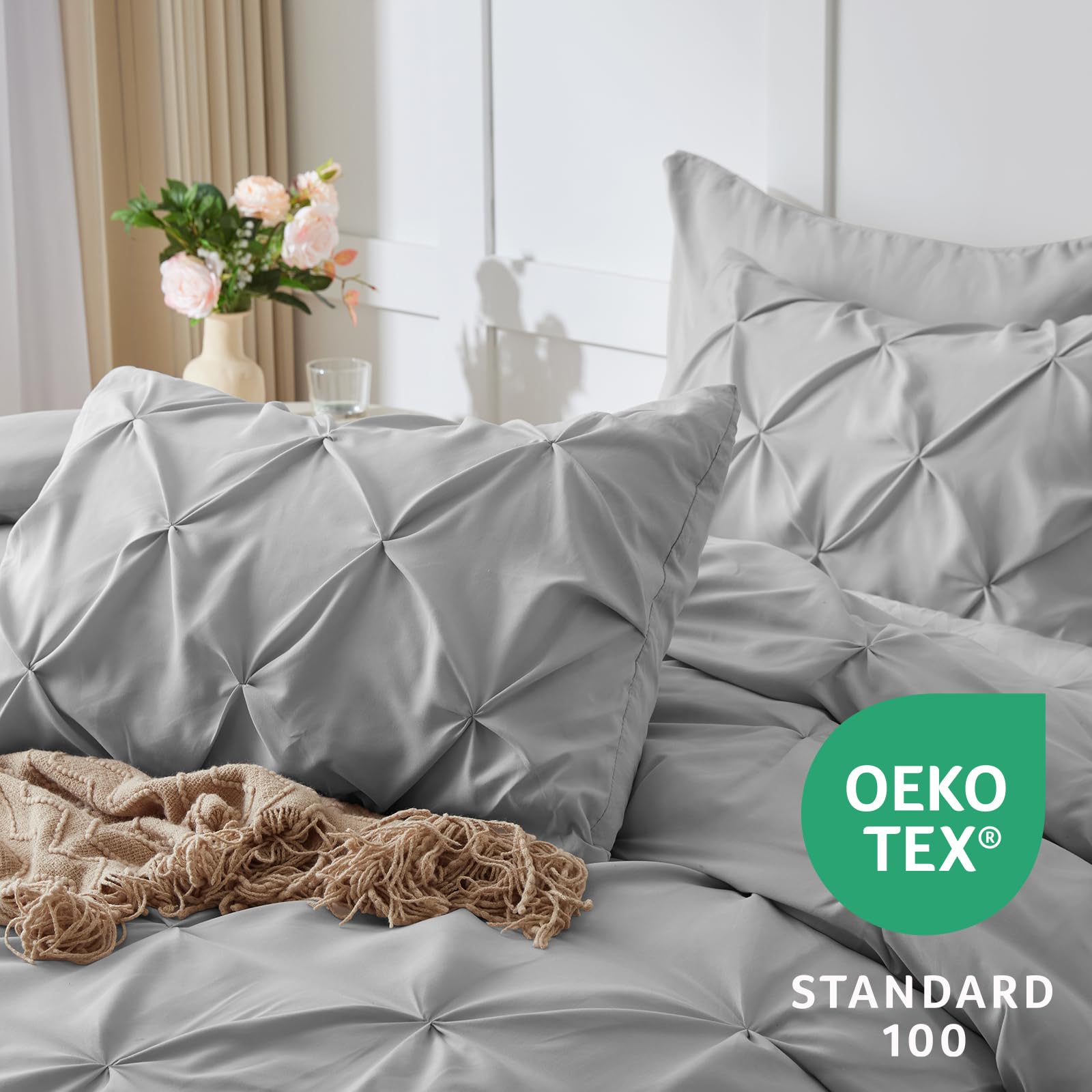 CozyLux 7-Piece Queen Size Comforter Set - Light Gray Pintuck Bed in a Bag with All-Season Comforter, Sheets & Pillowcases | Perfect for Master Bedroom, Guest Room & Vacation Homes