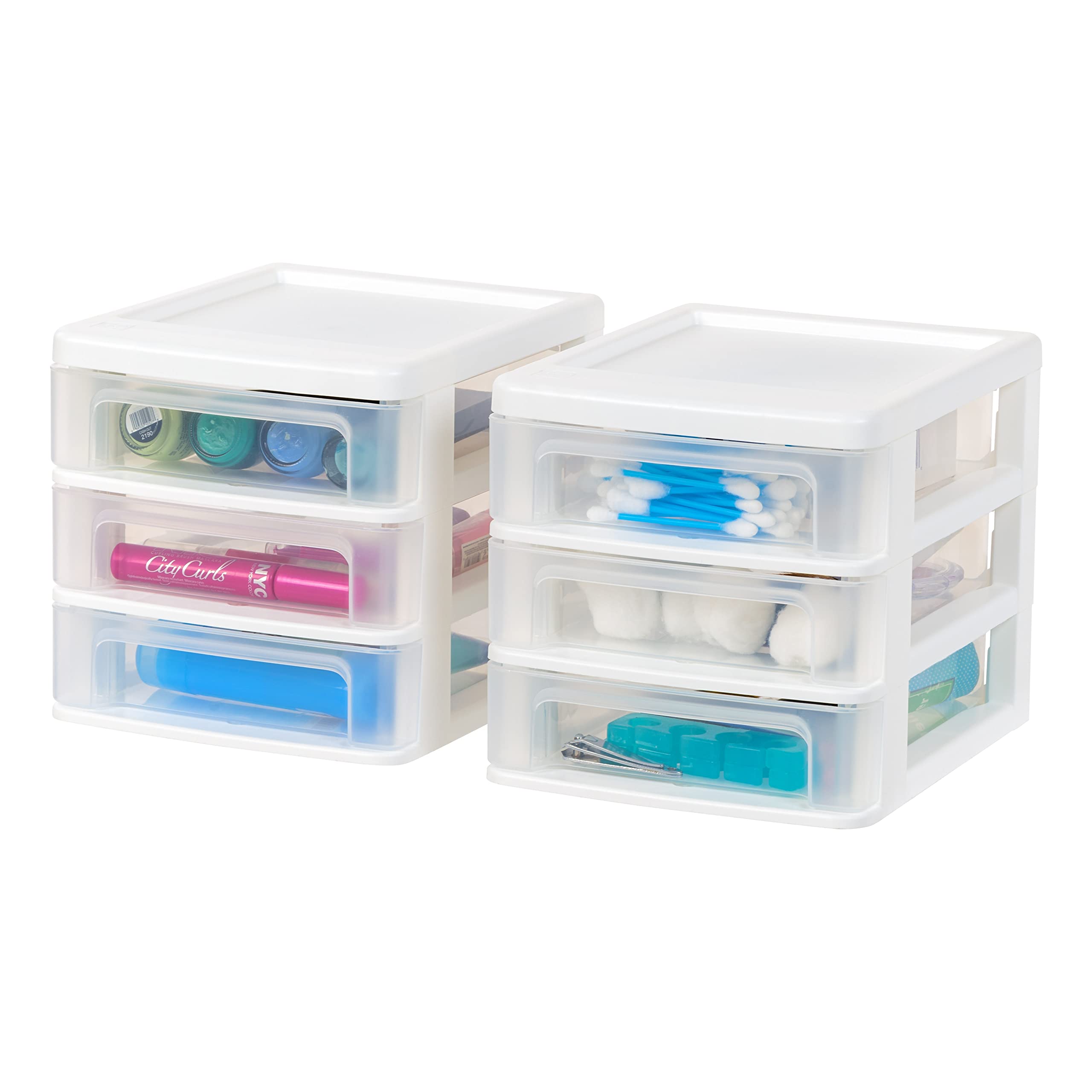 IRIS USA Plastic Stacking Desk Top 3-Drawer Storage Organizer, 2-Pack - White Small Drawers for Vanity, Bathroom, Office, Craft & Kitchen Organization - Perfect for Nail Polish, Stationery, Art Supplies & Small Items Storage