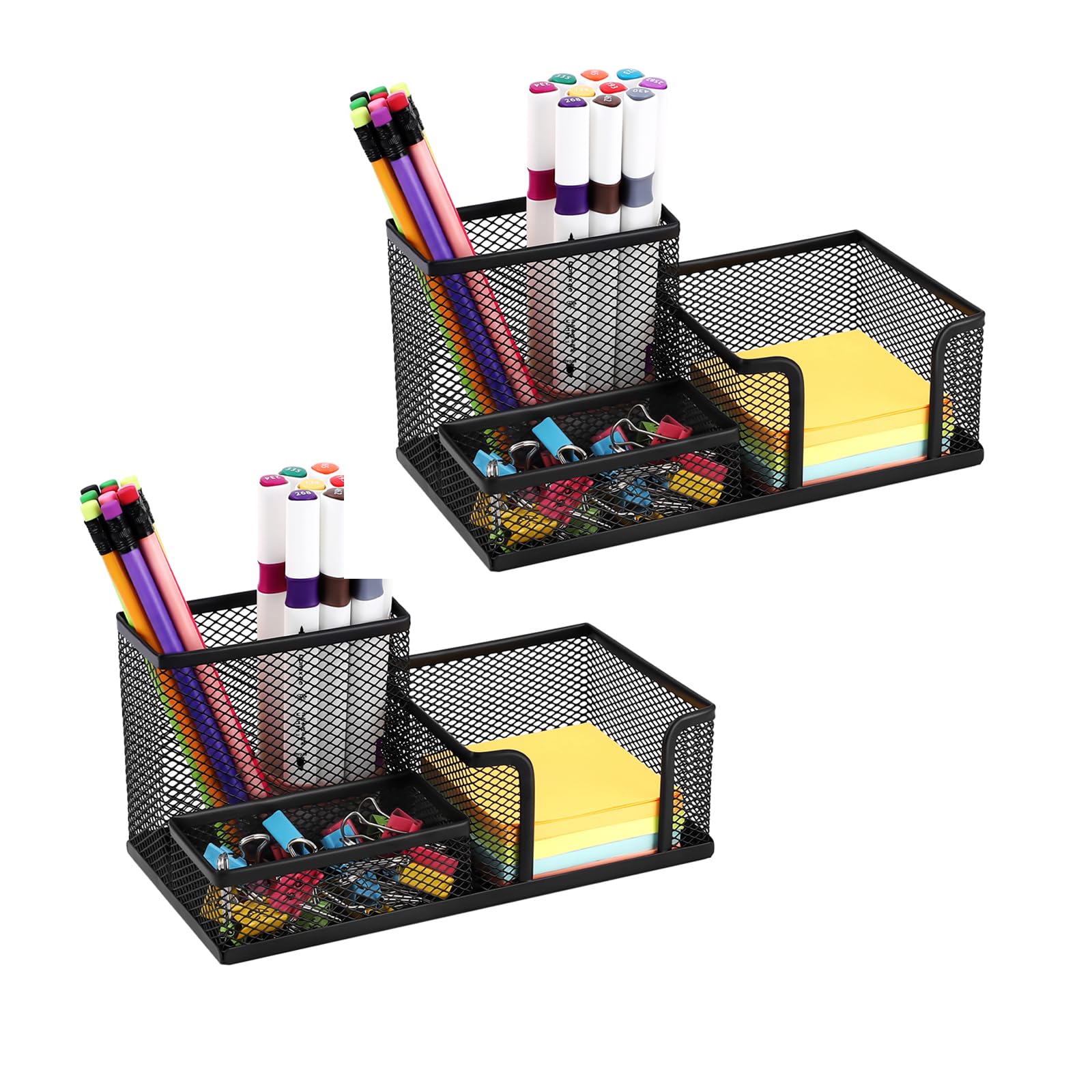 2-Pack Black Mesh Metal Pen Holder for Desk - Pencil Cup, Marker Organizer with Sticky Notes Holder - Perfect for Office, School, Home & Workspace Organization (Desk Caddy, Office Supplies)