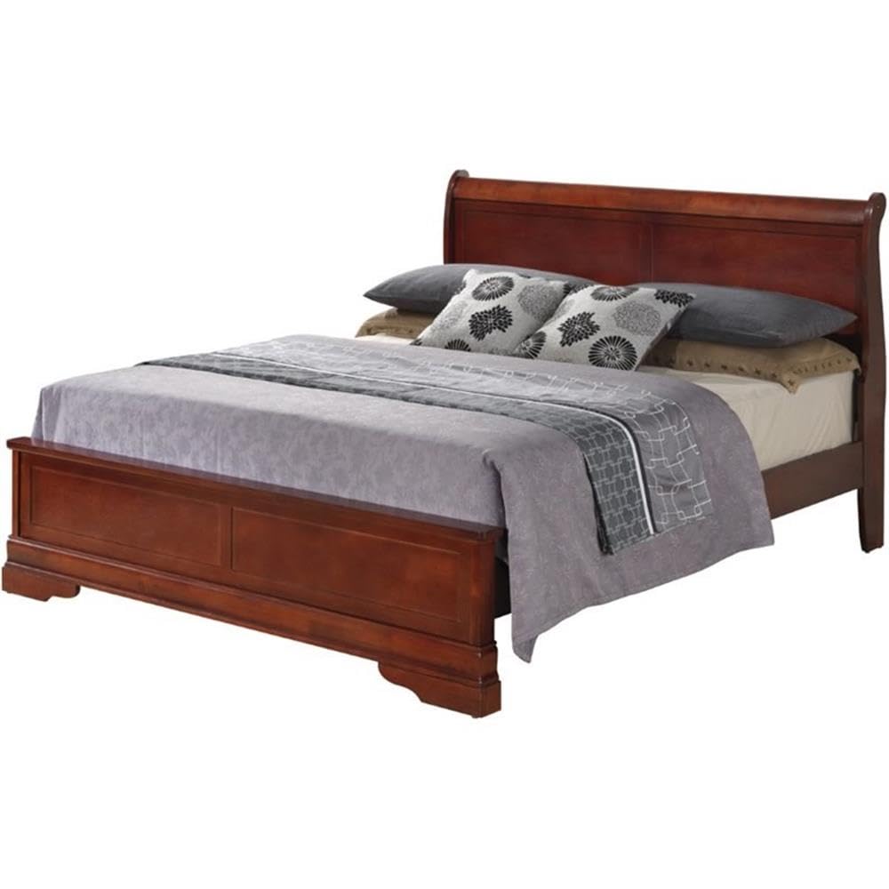 Glory Furniture Louis Phillipe Queen Panel Bed in Cherry - Elegant Solid Wood Bed Frame for Master Bedroom & Guest Room Decor