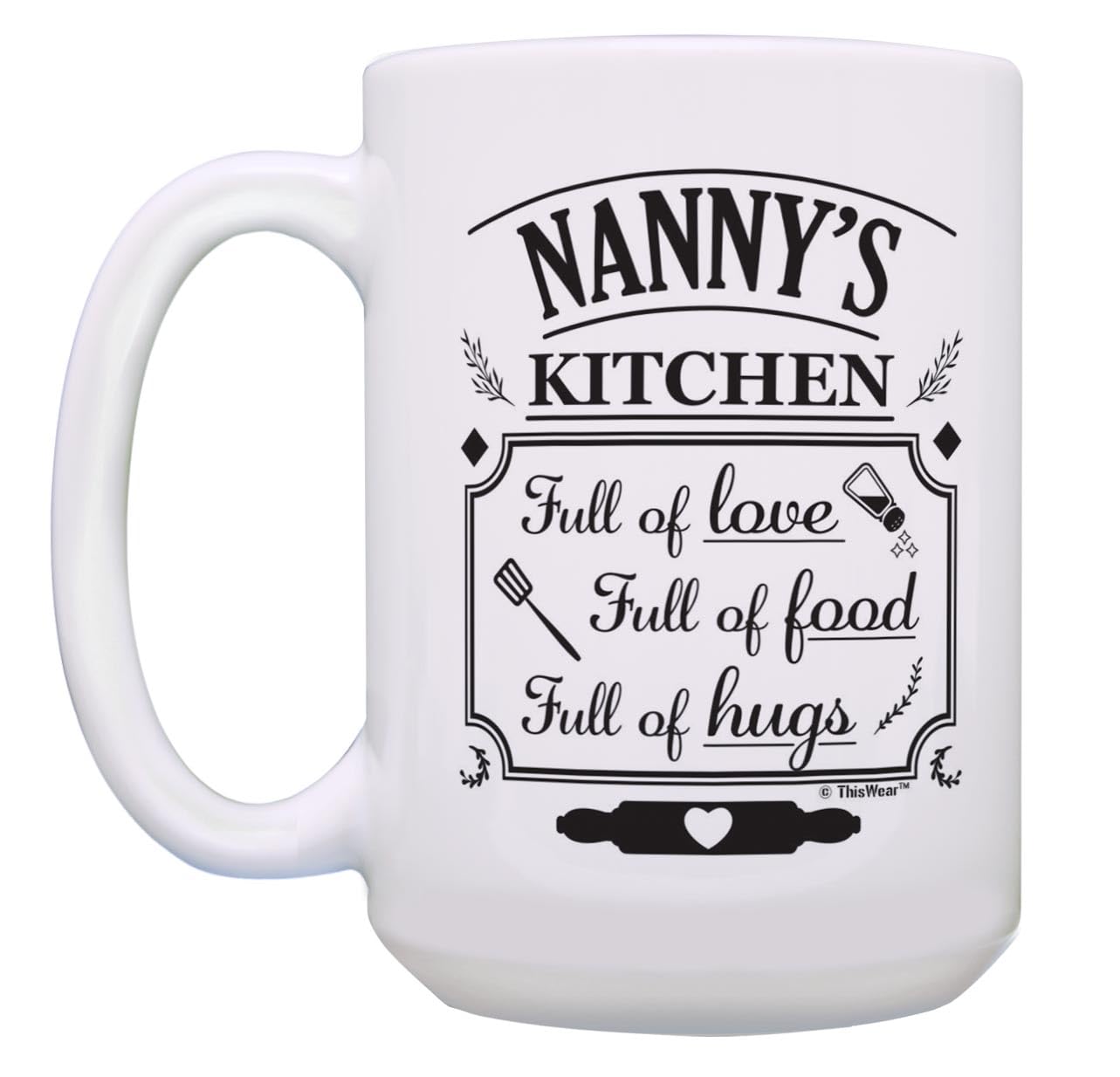 Best 15oz Ceramic Coffee Mug for Nanny - Mother's Day Gift with 'Nanny's Kitchen Full of Love' Design - Perfect for Coffee, Tea & Hot Chocolate at Home or Office