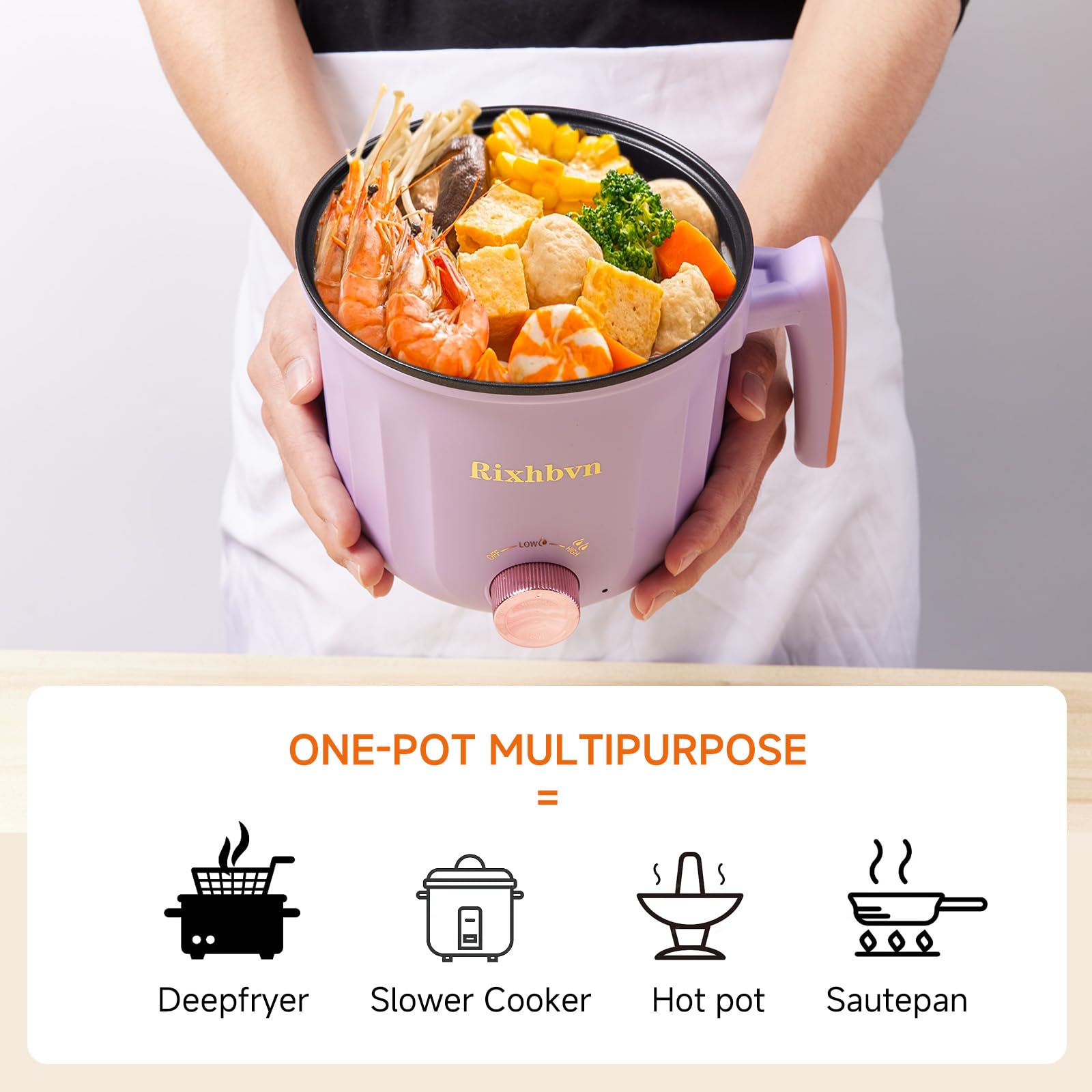 Electric Hot Pot with Steamer - 1.8L Non-Stick Multi-Cooker for Ramen, Soup, Noodles, Steak & Oatmeal | Fast Heating with Temperature Control & Rotary Switch | Perfect for Dorm, Office, Camping & Small Kitchen (Purple)