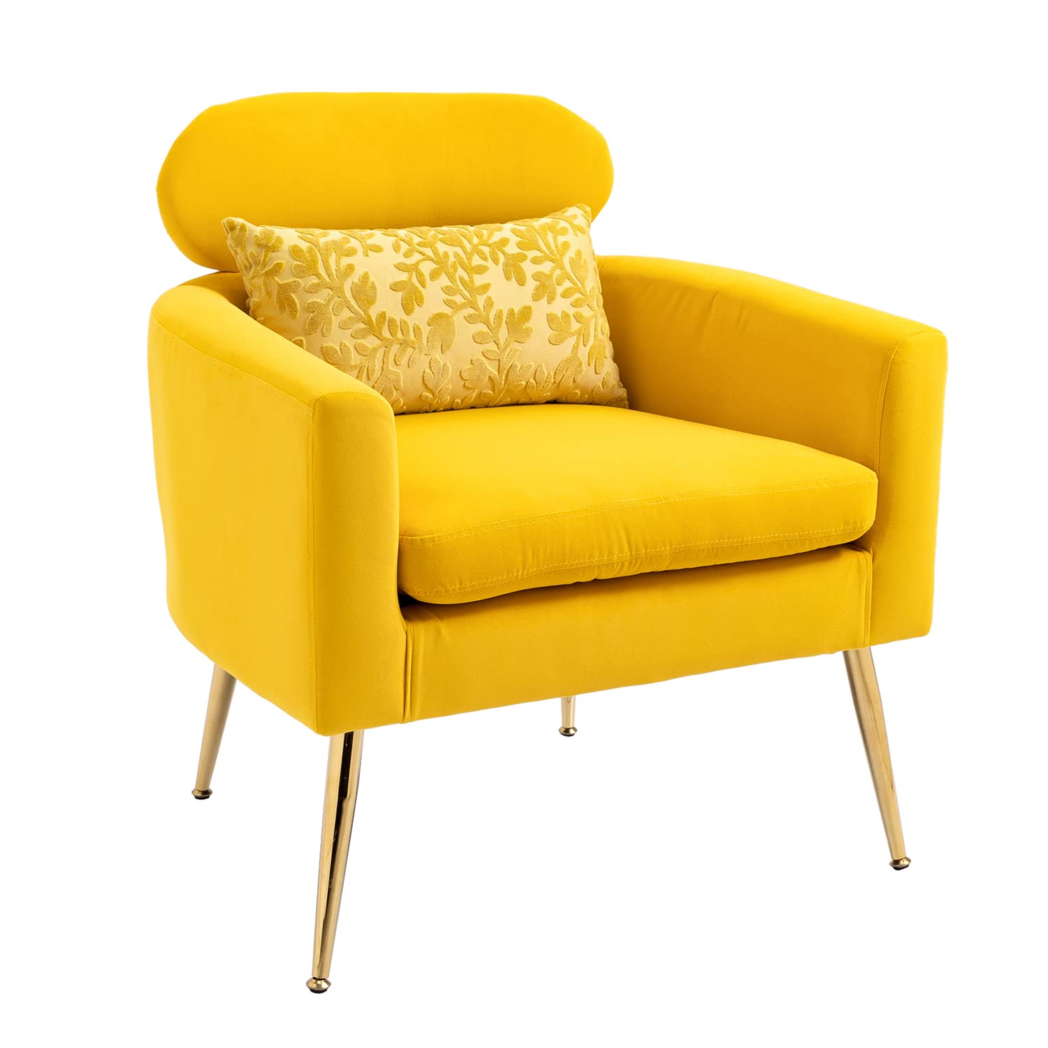 Virabit Upholstered Tufted Single Sofa - Yellow Velvet Accent Chair with Gold Metal Legs & Embroidered Throw Pillow - Elegant Living Room Chair for Bedroom, Reception Area or Home Office - Perfect for Reading Nooks, Cozy Corners & Modern Interior Decor