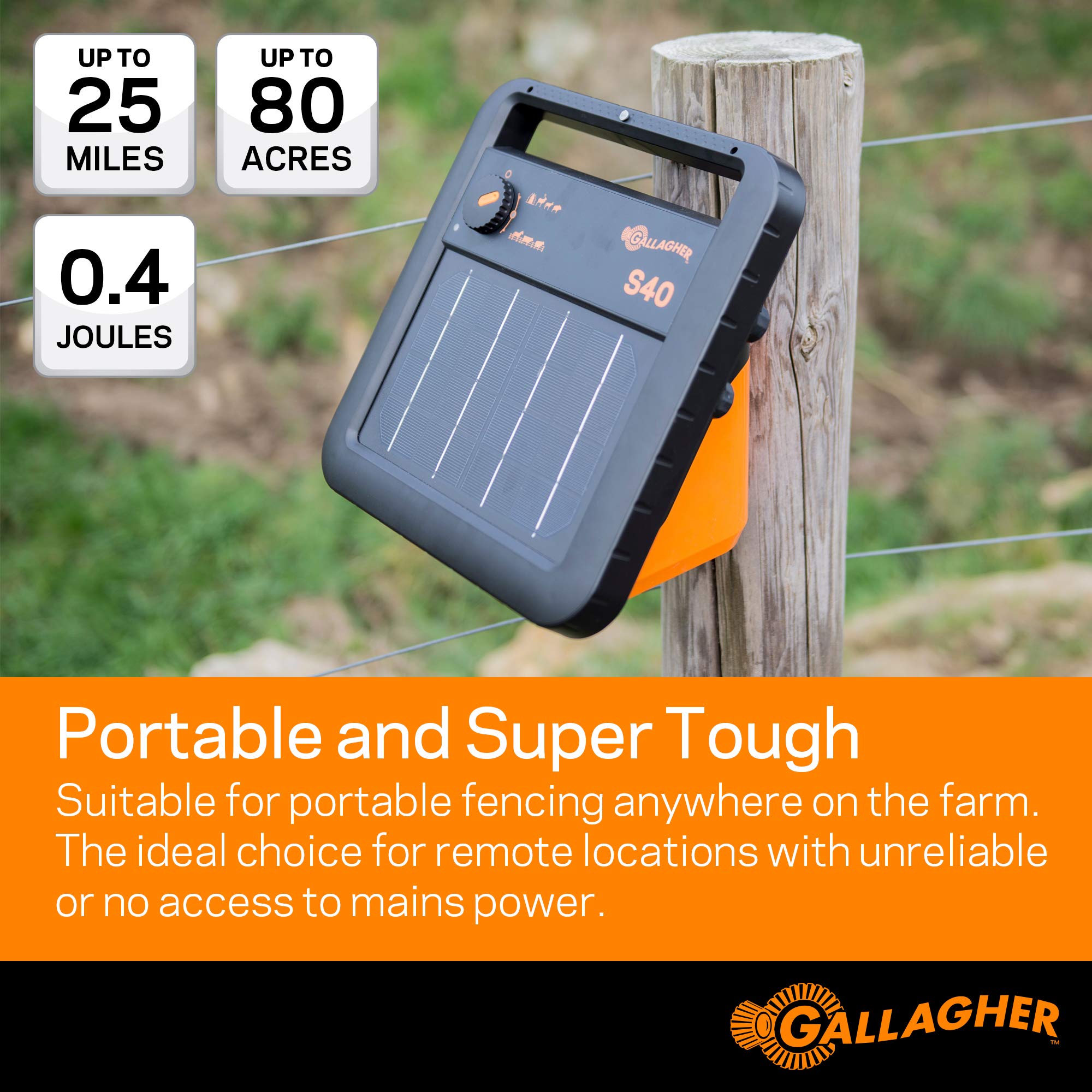 Gallagher G345404 S40 Solar Fence Charger - 12V High Power Electric Fence Energizer for Livestock & Pets - Weatherproof Solar Powered Fence Controller for Farms, Ranches & Gardens