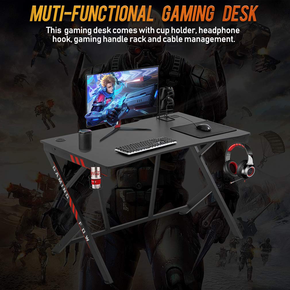 Best Gaming Computer Desk - Extra Large Modern Ergonomic Home Office Desk with Cup Holder & Headphone Hook | Super Sturdy Carbon Fiber PC Writing Table | Easy to Assemble Large Gaming Desktop | Perfect for Gamers, Streamers & Remote Workers