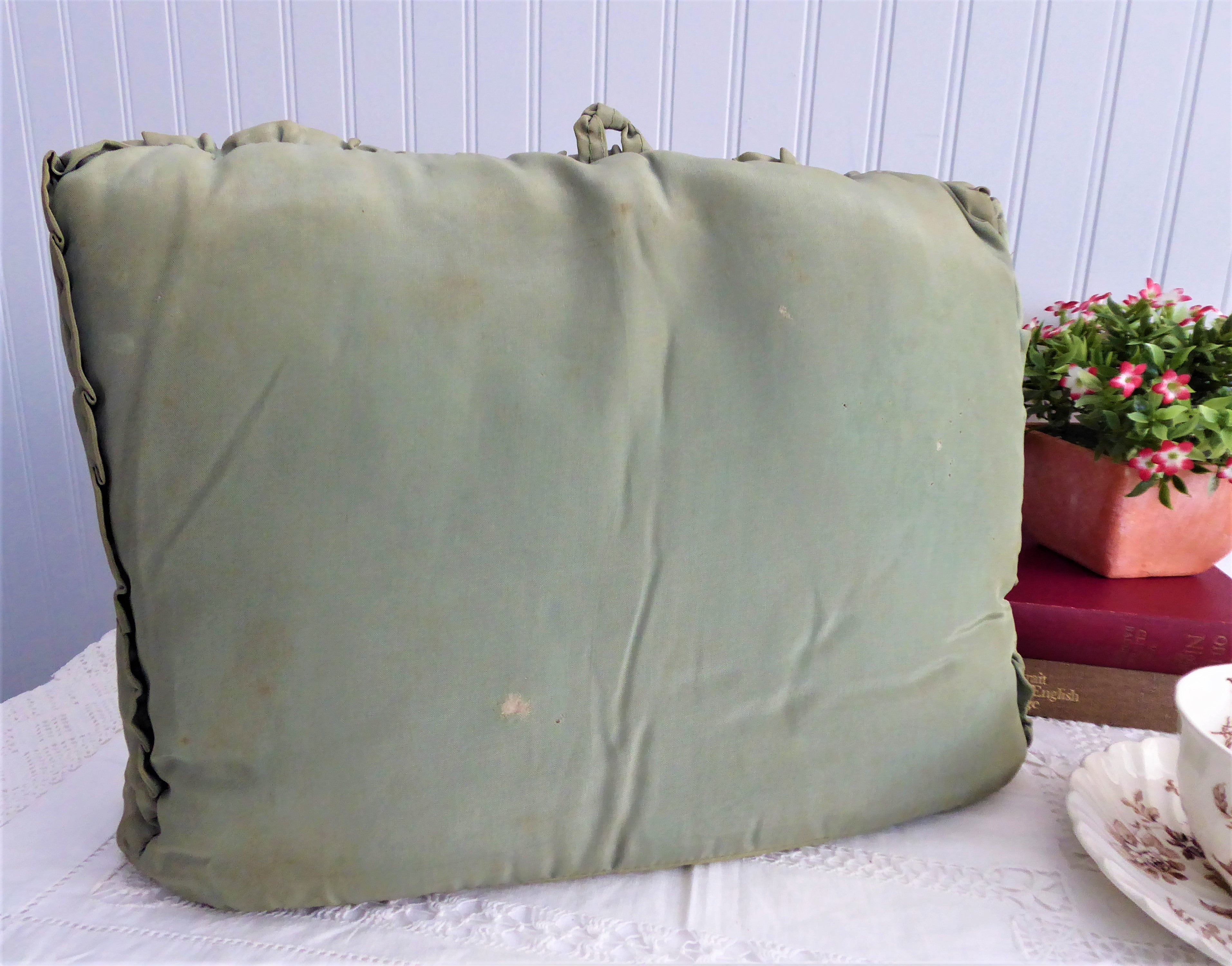 Handmade Edwardian Tea Cozy - English Silk Ruched Padded Tea Warmer in Olive Green (1900-1910) | Vintage Style Tea Pot Cover for Afternoon Tea & British Tea Parties