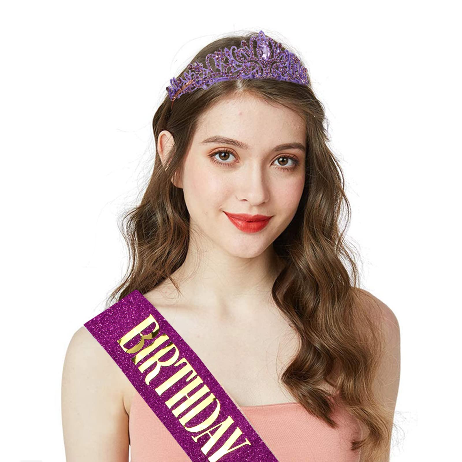 CIEHER Purple Birthday Sash & Queen Crown Kit - Elegant Purple Tiara & Crown for Women & Girls - Perfect for Birthday Parties, Quinceañeras, Bachelorette & Royal Themed Events