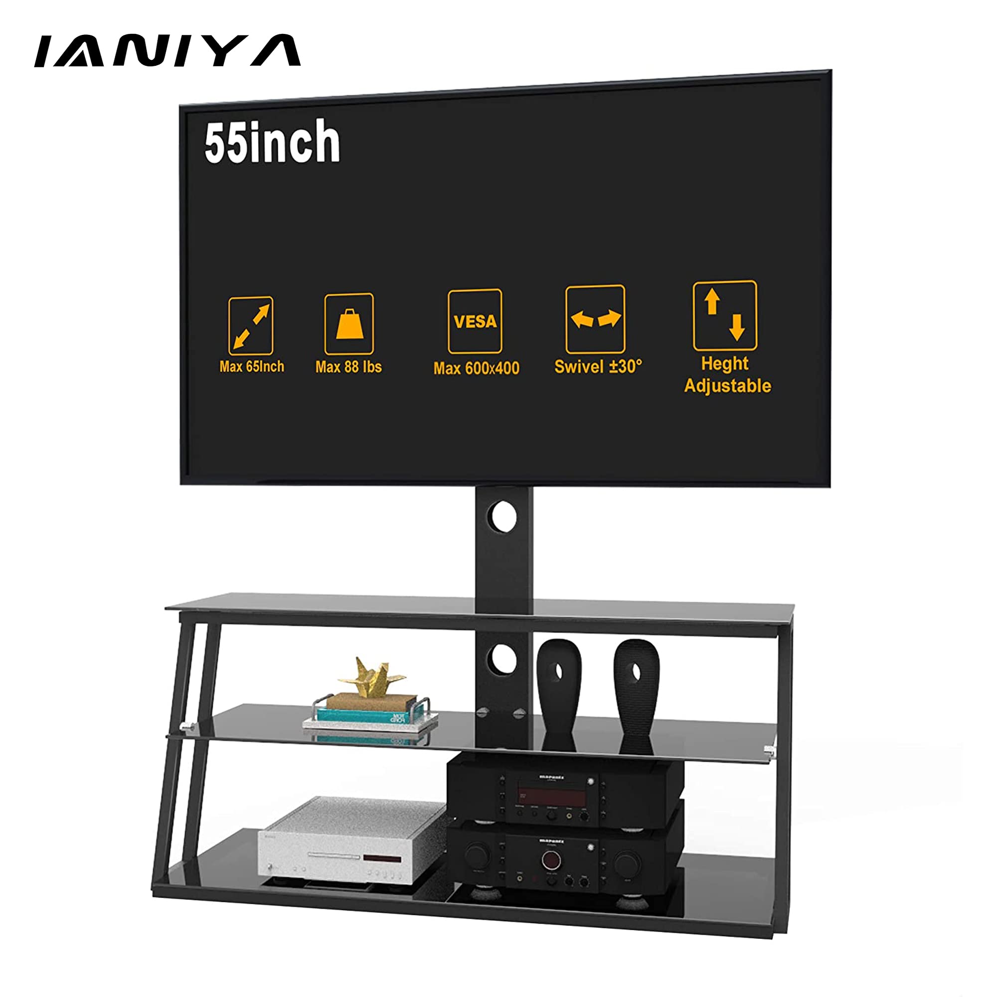 Adjustable Height TV Stand with Mount for 32-65 Inch TVs - Universal Floor Media Stand with 3-Tier Tempered Glass Shelves for Plasma, LCD, LED & Curved Screens by IANIYA - Perfect for Living Room, Bedroom or Home Theater Setup