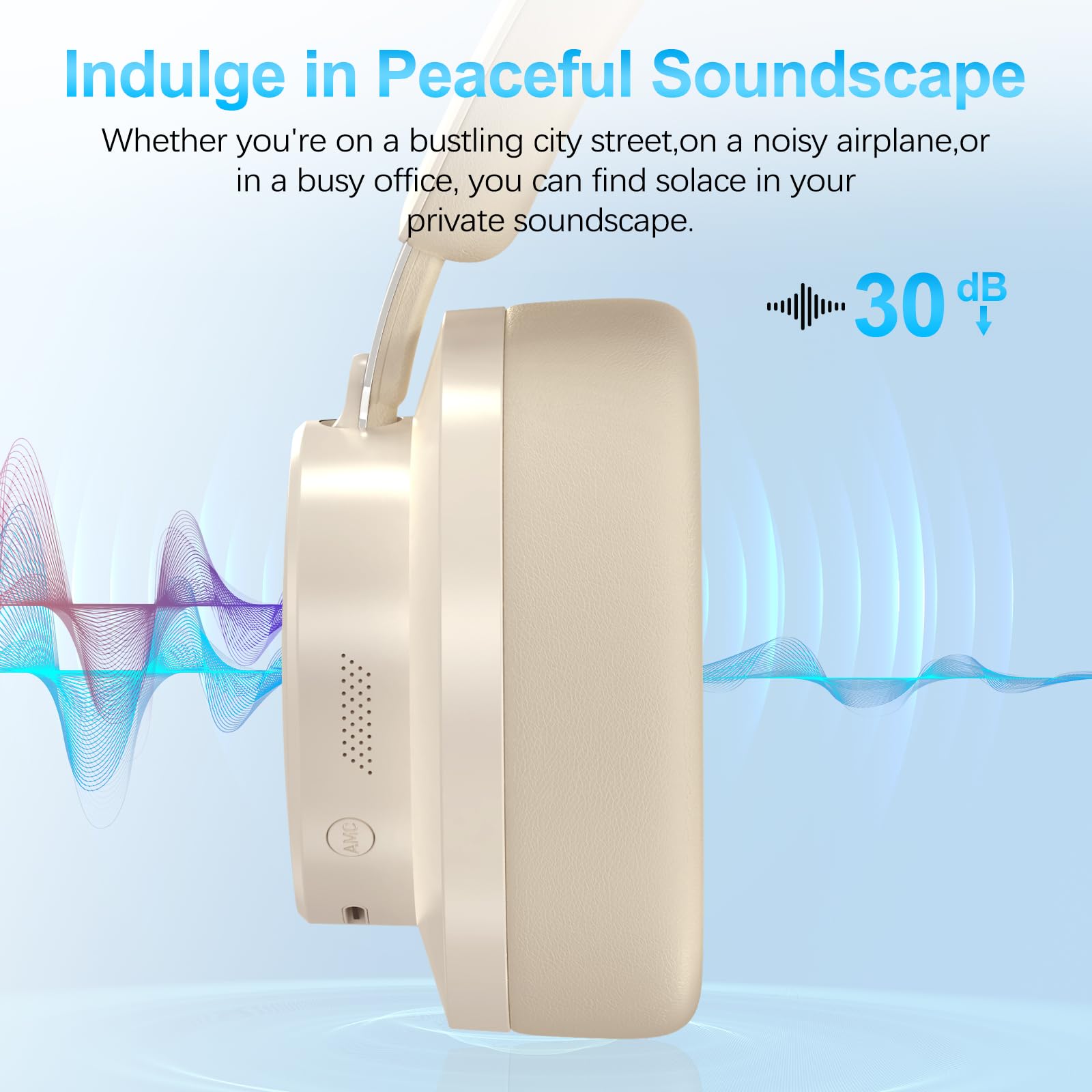 Premium Wireless Noise Cancelling Headphones with Bluetooth 5.0 - Over Ear Headset with Built-in Mic, 65H Playtime & Crystal Clear Calls - Comfort Fit for Travel, Work & Gaming (Beige)