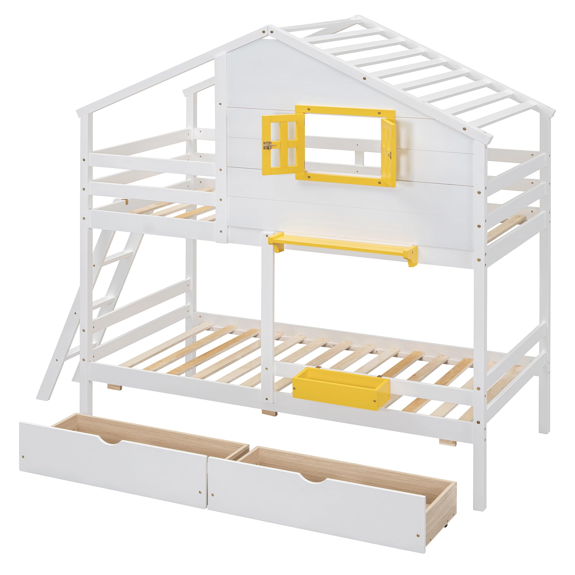 Harper & Bright Designs Twin Over Twin Solid Wood Bunk Bed for Kids with Storage Drawers, Shelf & Roof - White | Space-Saving Kids Bedroom Furniture for Boys, Girls & Teens | Perfect for Small Rooms, Shared Bedrooms & Sleepovers