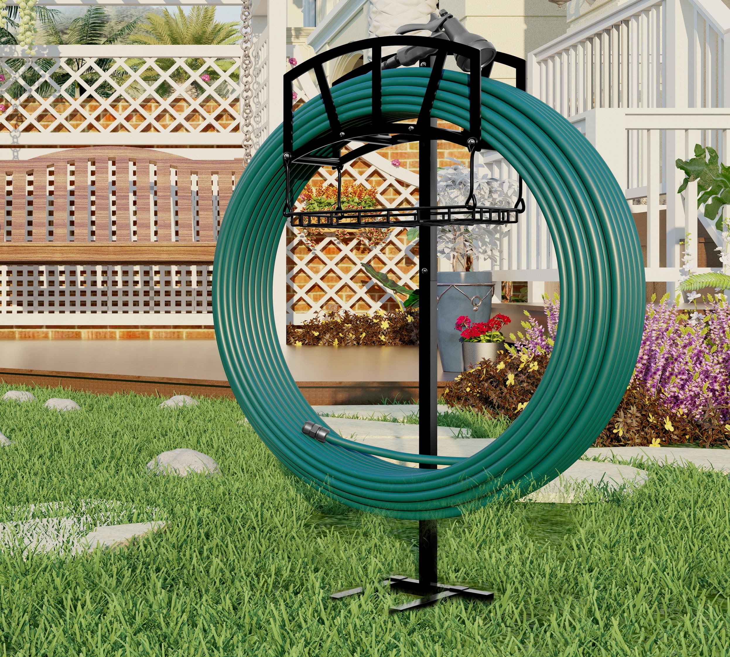 Fire Beauty Freestanding Garden Hose Holder with Storage Basket - Heavy Duty In-Ground Hose Rack Organizer for Outdoor Use - Detachable Hose Reel Stand for Lawn, Yard & Garden Watering (Perfect for Backyard, Patio & Landscaping)