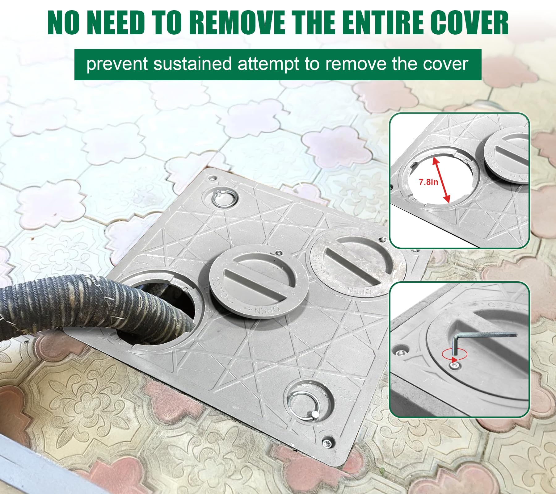 20x20in Lockable Anti-Theft FRP Manhole Cover with 2 Pipe Holes - 24x24in Reinforced Steel Sewer Cover Frame - Non-Slip Recessed Square Septic Tank Lid with Handles for Underground Utility Access, Drainage Systems & Stormwater Management