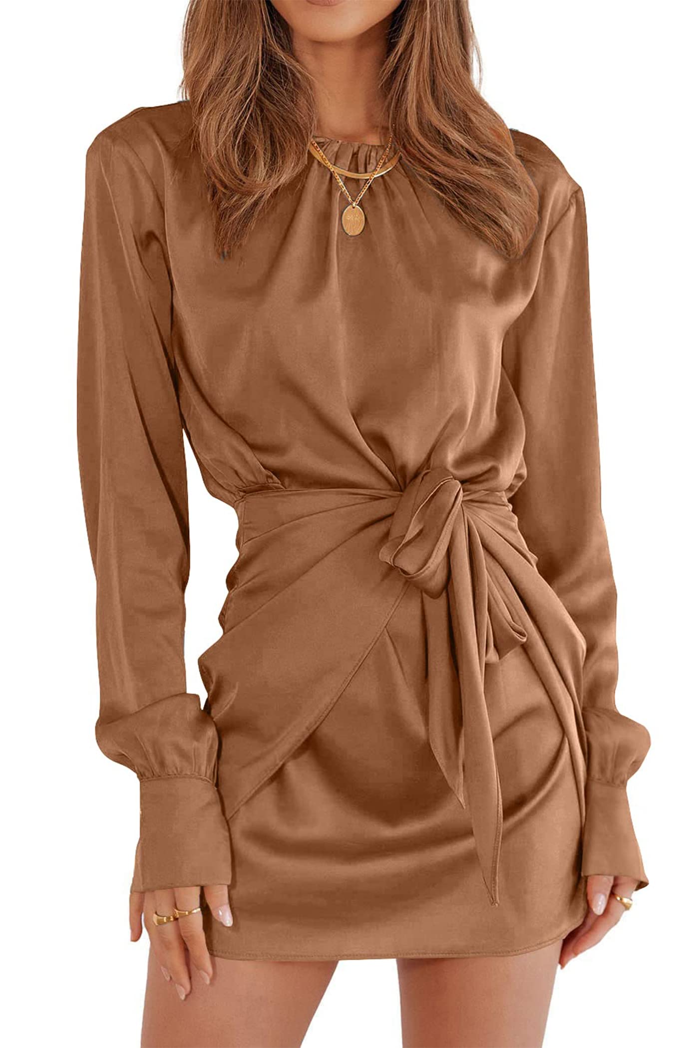 PRETTYGARDEN Women's Satin Cocktail Dress Long Sleeve Tie Waist Elegant Party Dress for Spring Fall - Perfect for Cocktail Parties, Weddings, Date Nights & Special Occasions