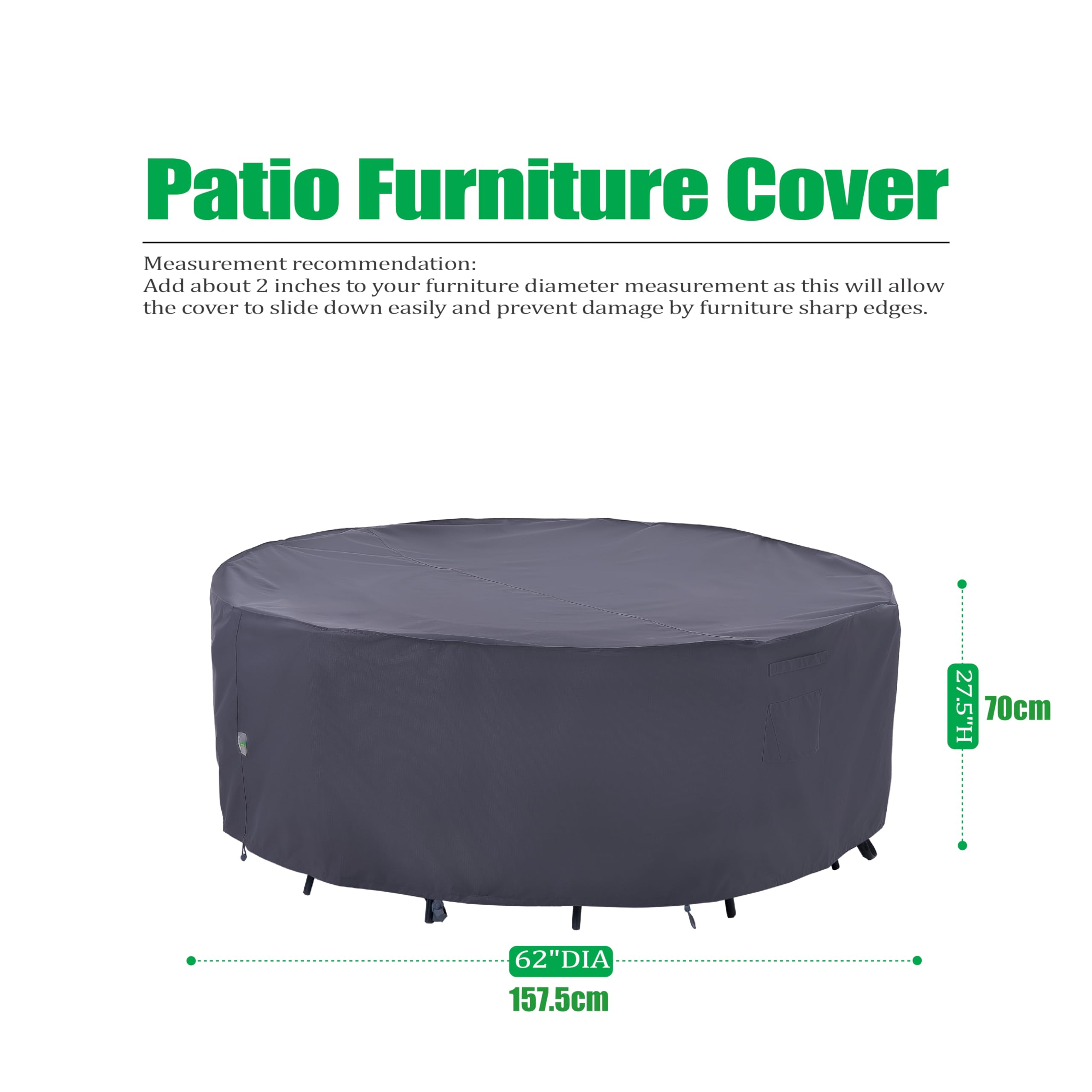 Waterproof UV-Resistant Outdoor Patio Furniture Cover for Small Round Table & Chairs Set - 62 Inch Diameter, Grey - Perfect for Backyard, Garden, and Poolside Protection