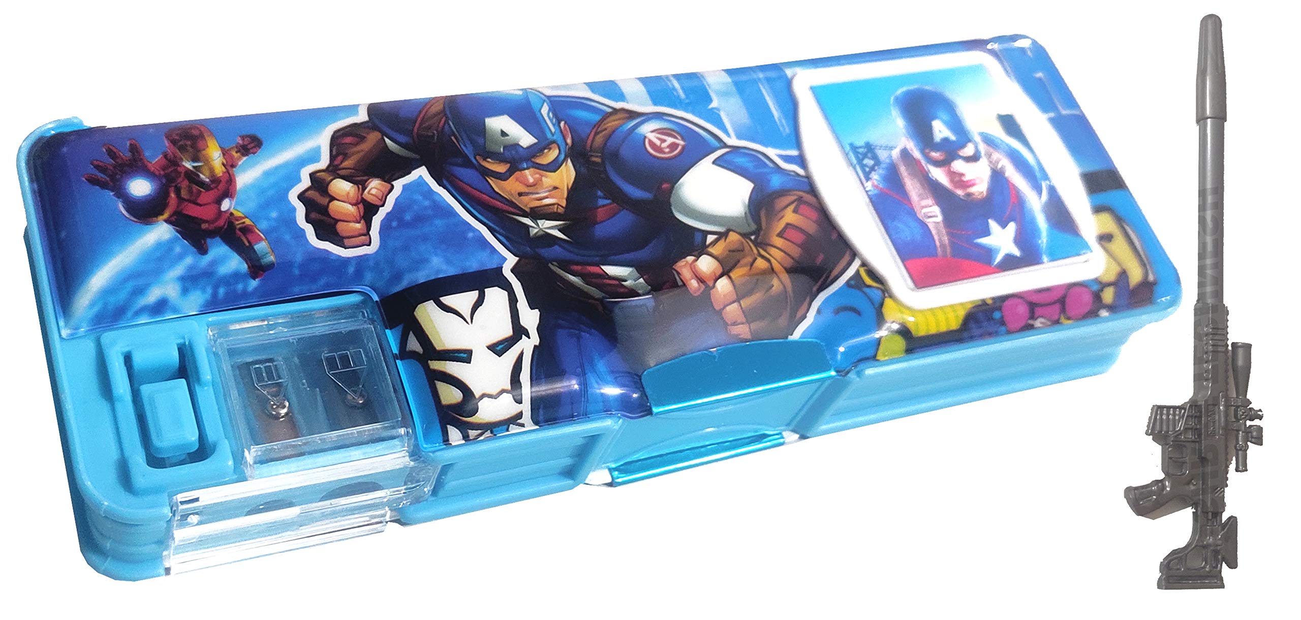 SHREE TECHNESH® Superhero-Themed Dual-Sided Pencil Case with Built-in Calculator & Gun Pen - Perfect for School, Office & Gift Giving