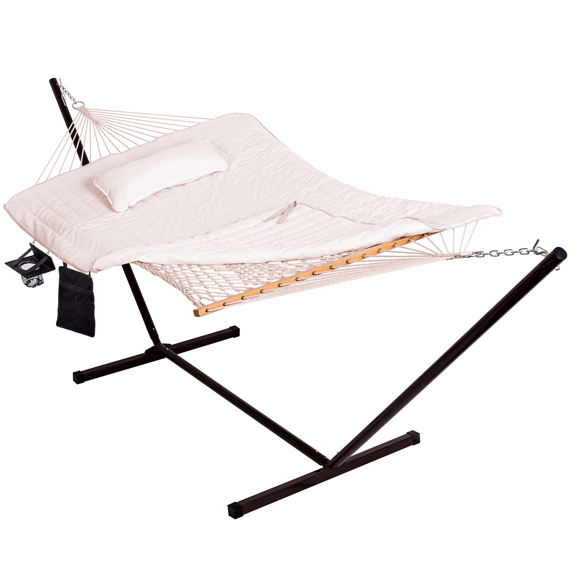 Double Outdoor Hammock with 12 ft Steel Stand - 2 Person Cotton Rope Hammock with Quilted Pad, Spreader Bars, Detachable Pillow & Cup Holder - Perfect for Backyard Relaxation, Camping & Beach Lounging (Beige)