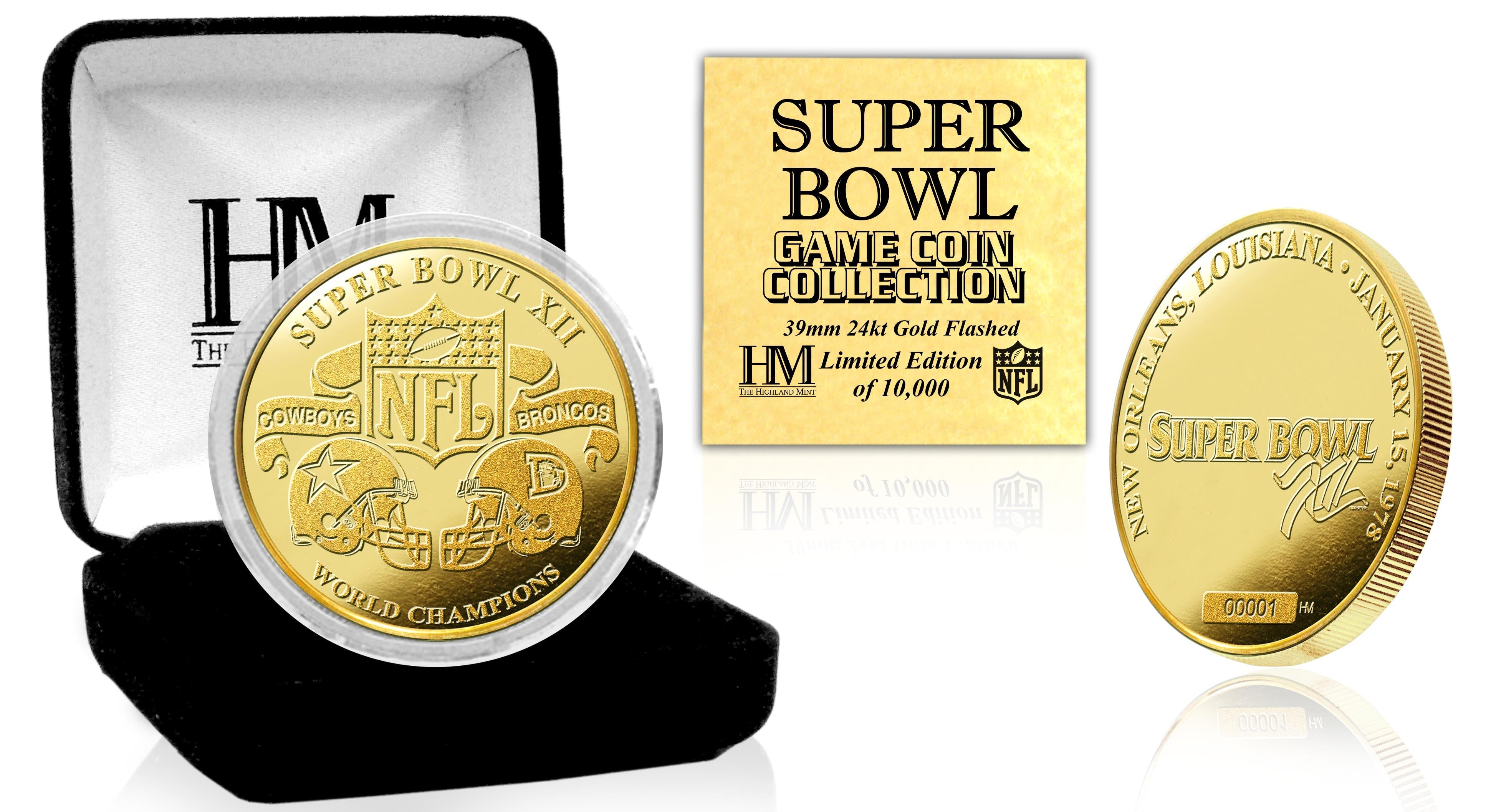 Super Bowl XII 24kt Gold Commemorative Flip Coin - Collector's Edition for Football Fans, Sports Memorabilia & Game Day Toss