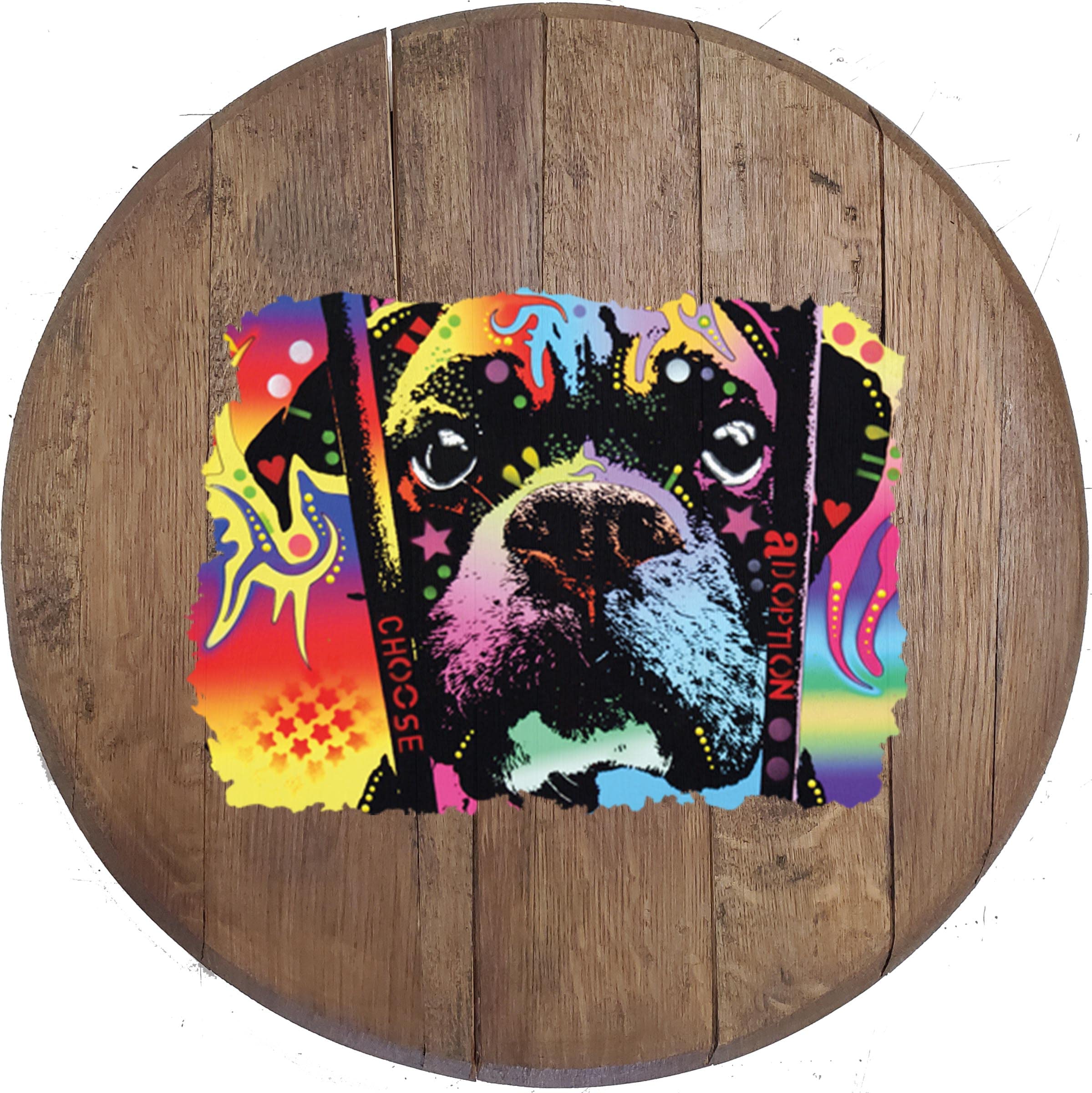 Large Oak Whiskey Barrel Lid Bar Sign - Rustic Wall Art for Man Cave Decor - 22 Inch Aged Barrel with Boxer Dog Design - Perfect for Home Bar, Basement, or Garage Decor