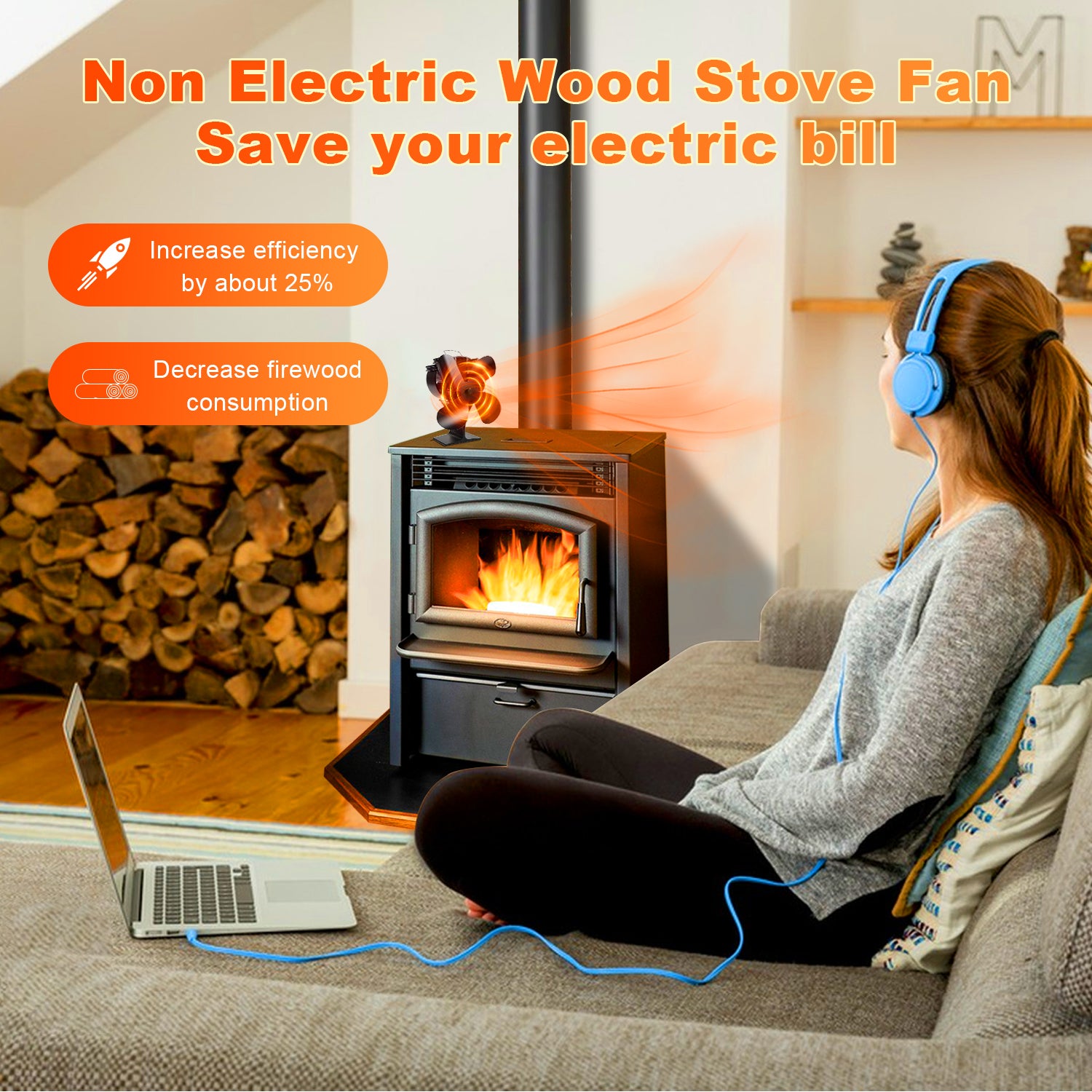Efficient Air Flow Wood Burning Stove Fan with Magnetic Thermometer - Eco-Friendly Heat Circulation for Fireplace, Cabin, and Camping Use