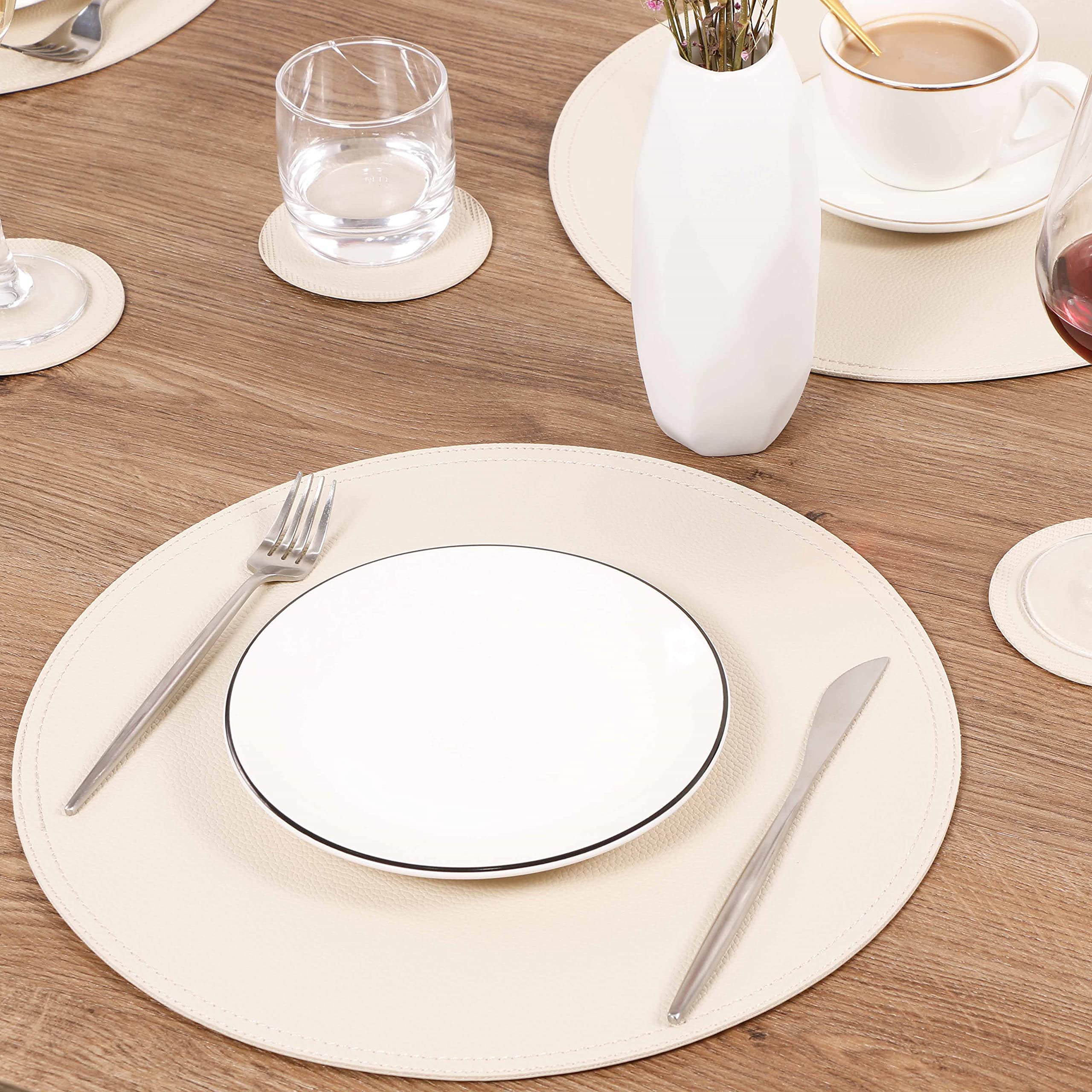 Set of 6 Waterproof Faux Leather Round Placemats and Coasters - Elegant Kitchen Table Mats for Dining, Coffee & Home Decor - Easy to Clean & Durable for Daily Use