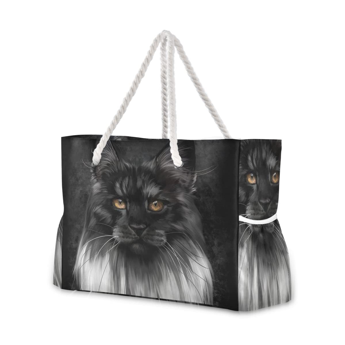 ALAZA Black Cat Kitten Maine Coon Print Large Beach Tote Bag for Women - Reusable Grocery Shoulder Bag with Zipper Pocket - Perfect for Shopping, Beach Trips & Daily Use