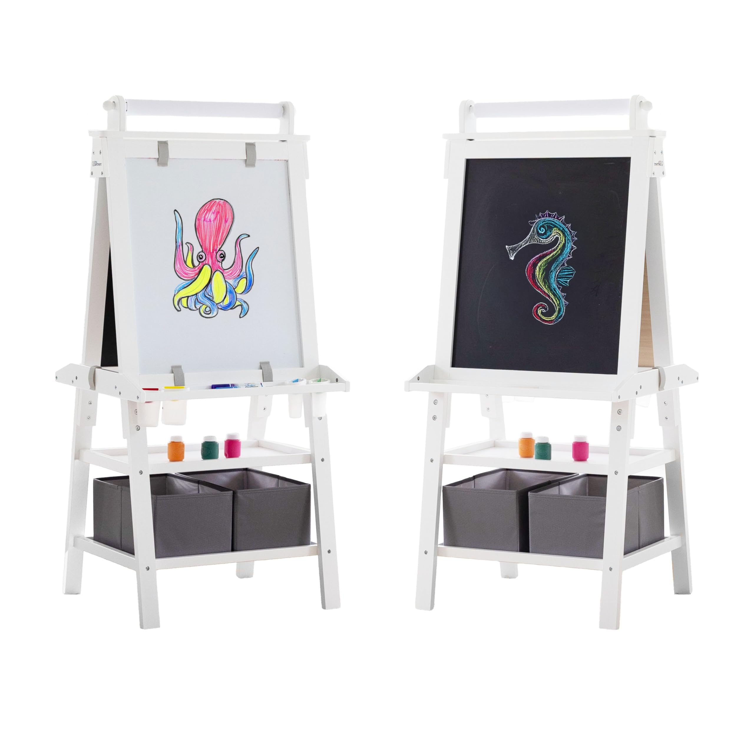 Little Partners Deluxe Learn 'N Play Toddler Easel - 2-Sided Kids Art Center with Chalkboard & Magnetic Whiteboard, Paper Roll, Storage Bins & Paint Cups (Soft White) | Perfect for Home, Preschool & Creative Play