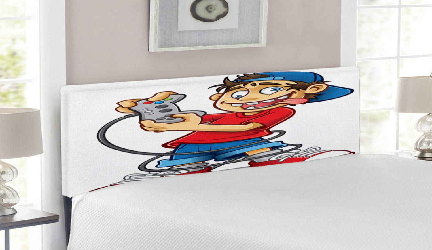Lunarable Gamer Headboard - Cartoon Character with Backwards Hat & Crazy Eyes Playing Video Games Funny Doodle Design - Upholstered Decorative Metal Bed Frame with Memory Foam - Queen Size Multicolor Headboard for Gaming Room & Teen Bedroom Decor