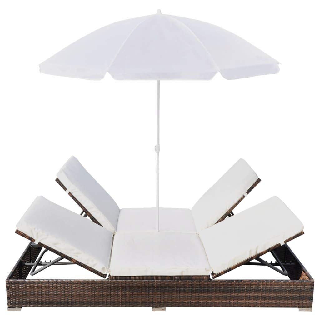 Brown Poly Rattan Patio Lounge Bed with Umbrella - Outdoor Reclining Couch for Garden, Poolside & Beach - Durable Patio Furniture for Relaxing, Sunbathing & Lounging