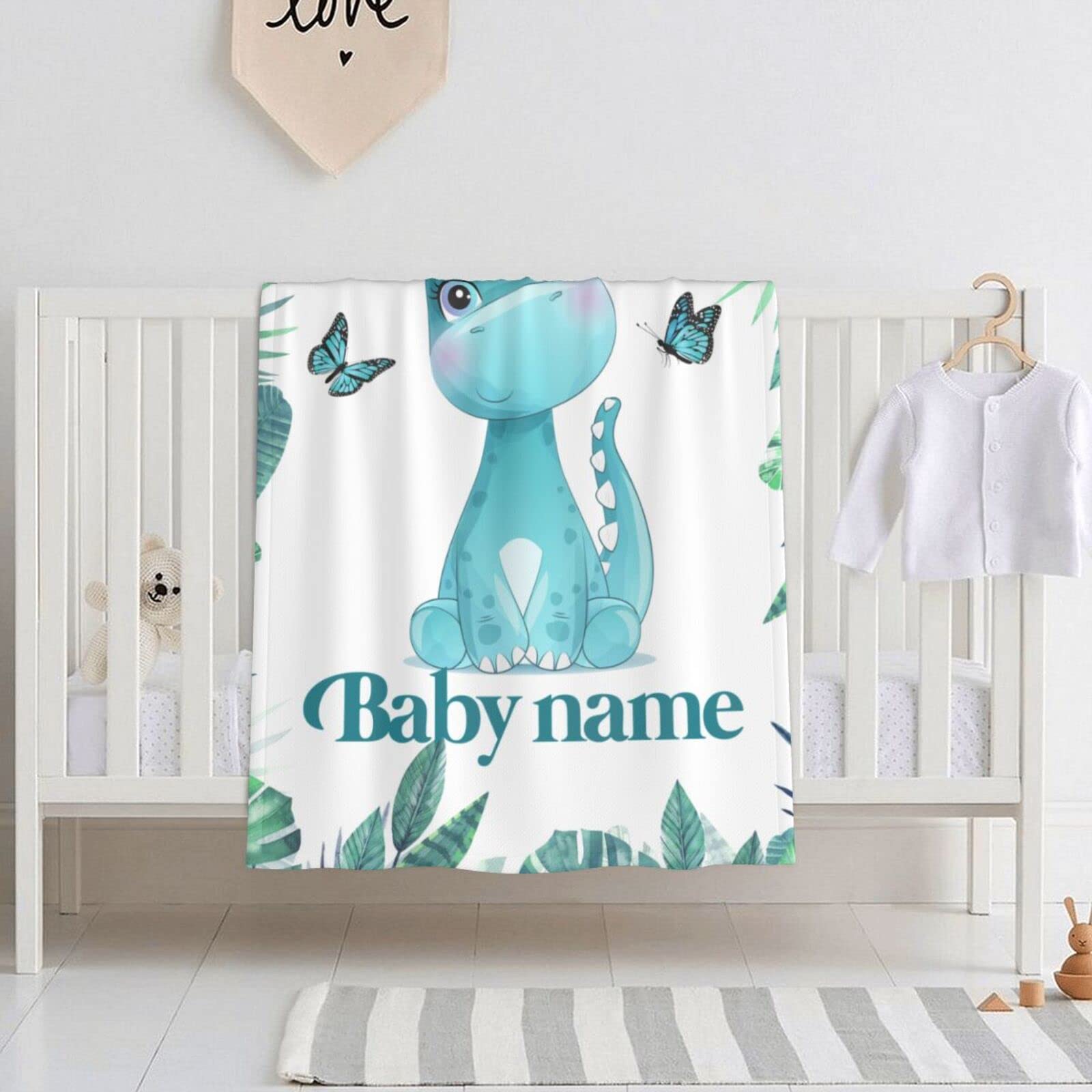 Personalized Baby Dinosaur Floral Blanket - Custom Name Receiving Swaddle Blanket for Boys | Soft Nursery Blanket for Newborn Gifts, Baby Showers & Security Comfort