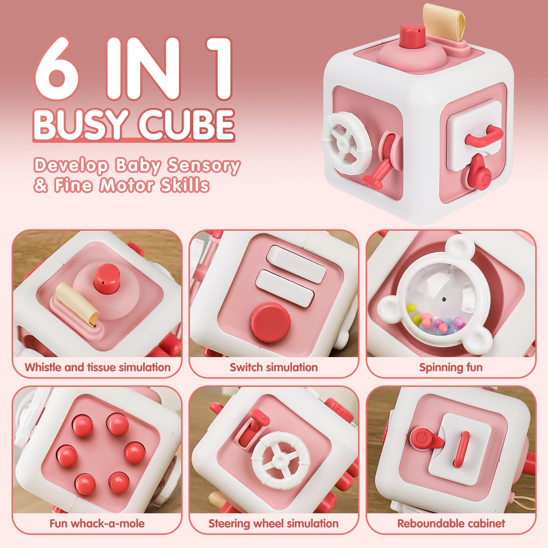 Montessori Busy Cube Sensory Toys for 1 Year Old Boys & Girls - Easter Basket Stuffers, Travel Learning Toys for Toddlers 12M+ (Pink) - Perfect for Airplane Travel & Early Childhood Development