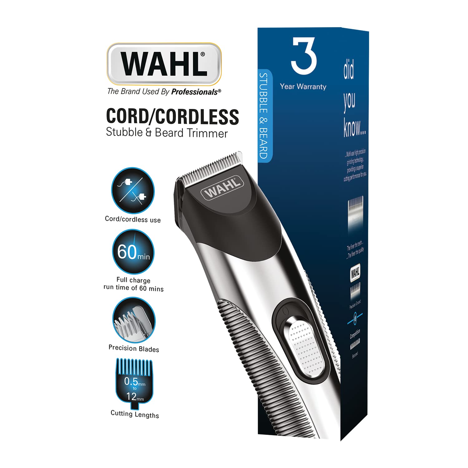 Wahl Professional Cordless Beard Trimmer for Men - Rechargeable Stubble & Hair Trimmer Kit with Precision Blades - Perfect for Home Grooming, Travel & Barbershop Use