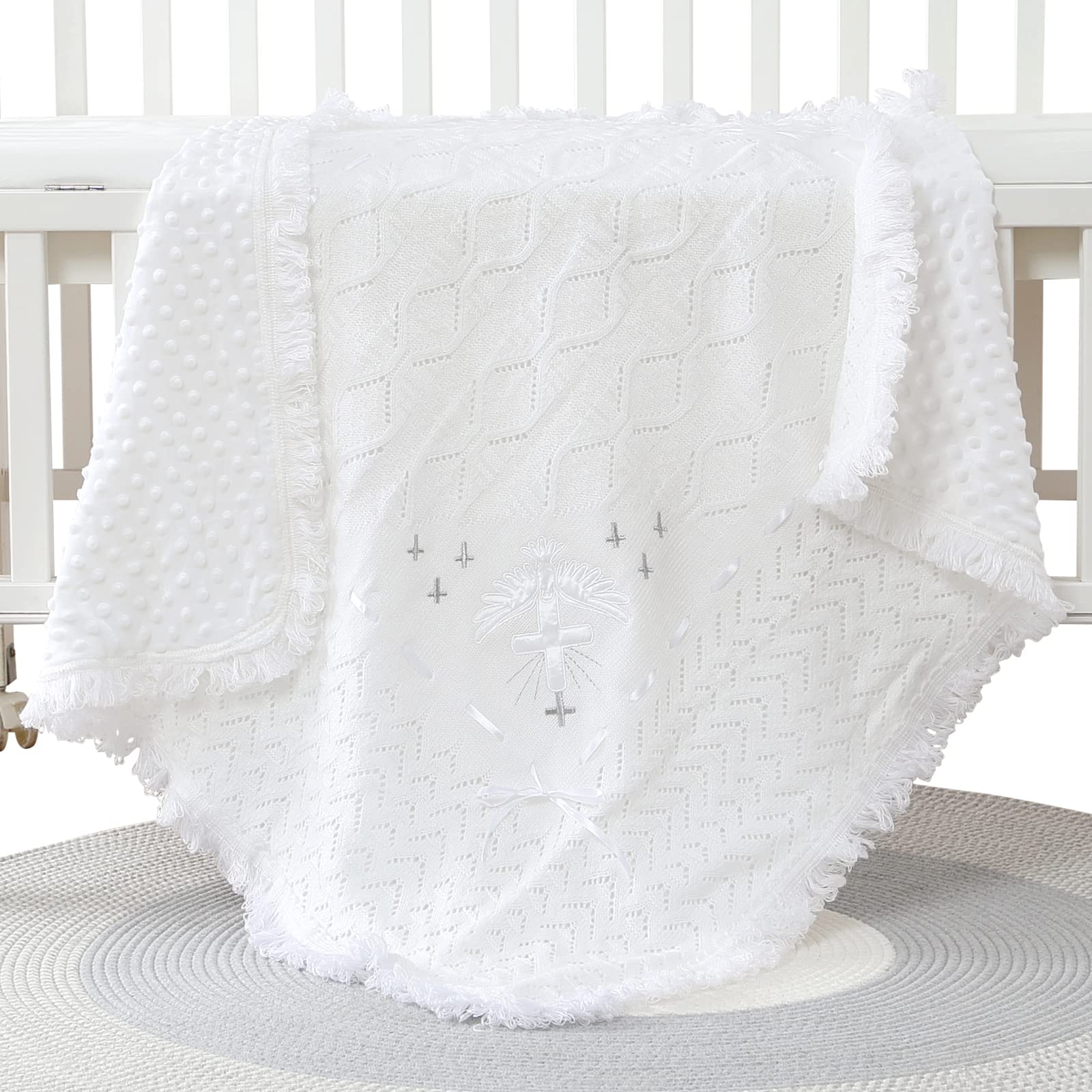 Booulfi Baby Christening Blanket - Soft White Knitted Baptism Shawl for Newborn Boys & Girls - Perfect for Christening Ceremonies, Baby Dedications & Photo Shoots