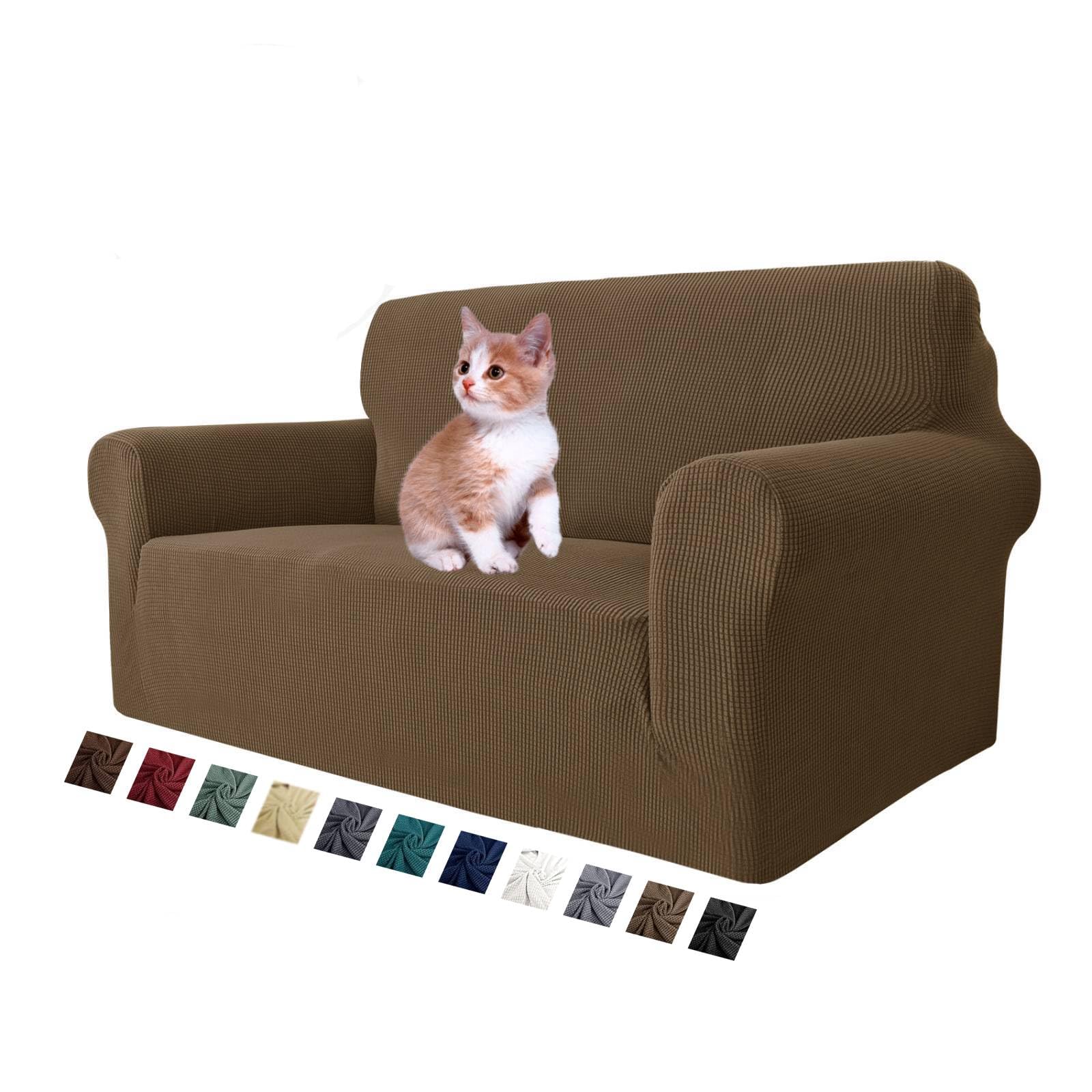 MAXIJIN Stretch Loveseat Sofa Slipcover - 1 Piece Washable Non-Slip Couch Cover for 2 Cushion Love Seat | Pet & Dog Cat Proof Furniture Protector | Perfect for Living Room, Apartment, Office (Brown)