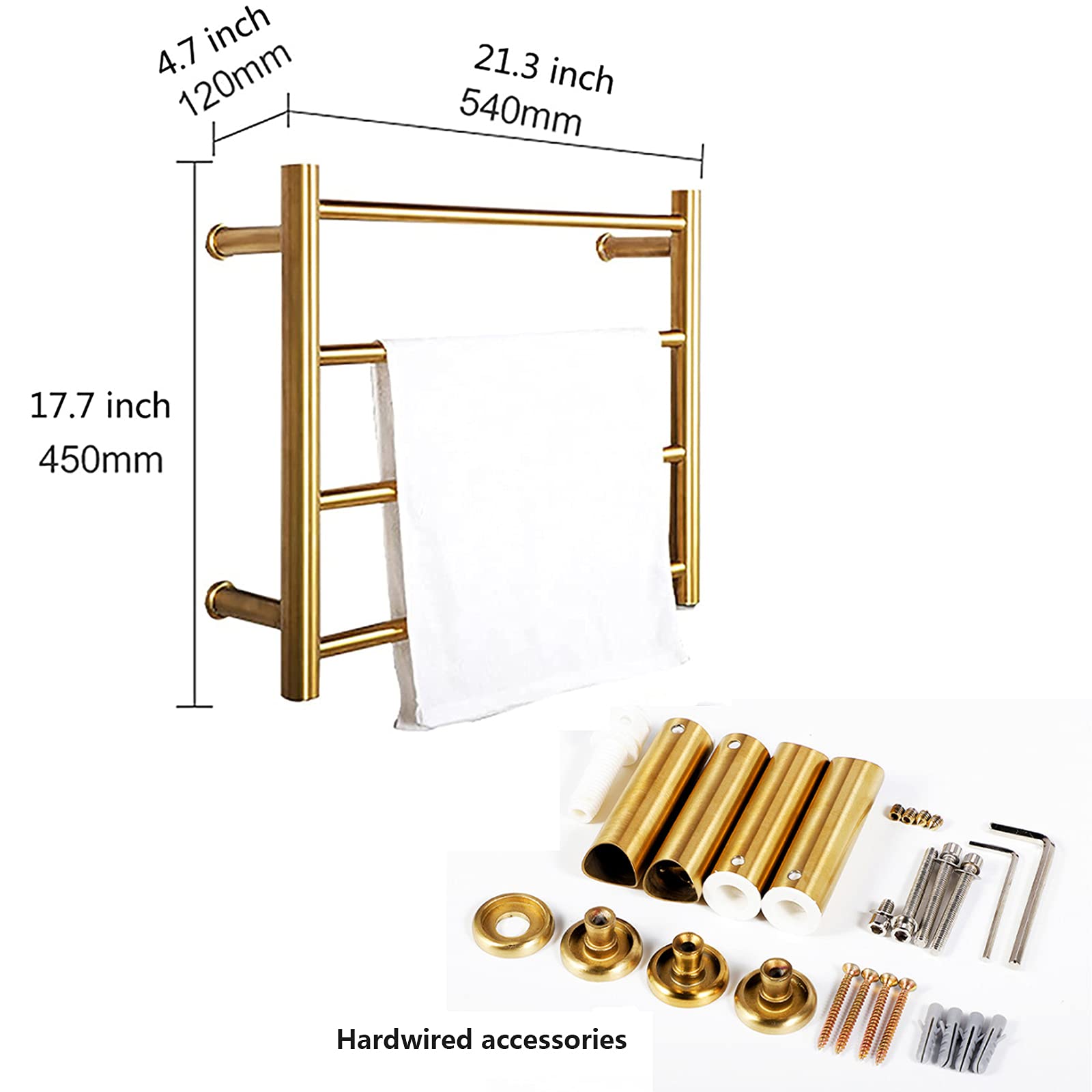 Premium 48W Electric Heated Towel Rail - 4 Bar Wall Mounted Towel Warmer with Thermostat | Brushed Gold 304 Stainless Steel Bathroom Towel Rack | Hardwired Installation for Spa-Like Luxury & Quick Drying | Perfect for Modern Homes, Hotels & Luxury Bathrooms