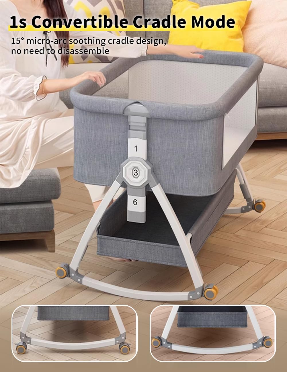 Bonbay 4-in-1 Portable Baby Bassinet with Wheels, Mosquito Net & Storage Basket - 6 Height Adjustable Bedside Sleeper for Newborns | Perfect for Nursery, Bedroom & Travel Use