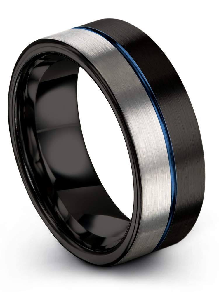 8mm Tungsten Carbide Wedding Band Ring for Men & Women - Blue Black Center Line, Flat Cut, Half Brushed & Polished - Custom Engraved Anniversary & Engagement Ring - Perfect for Weddings, Proposals & Special Occasions
