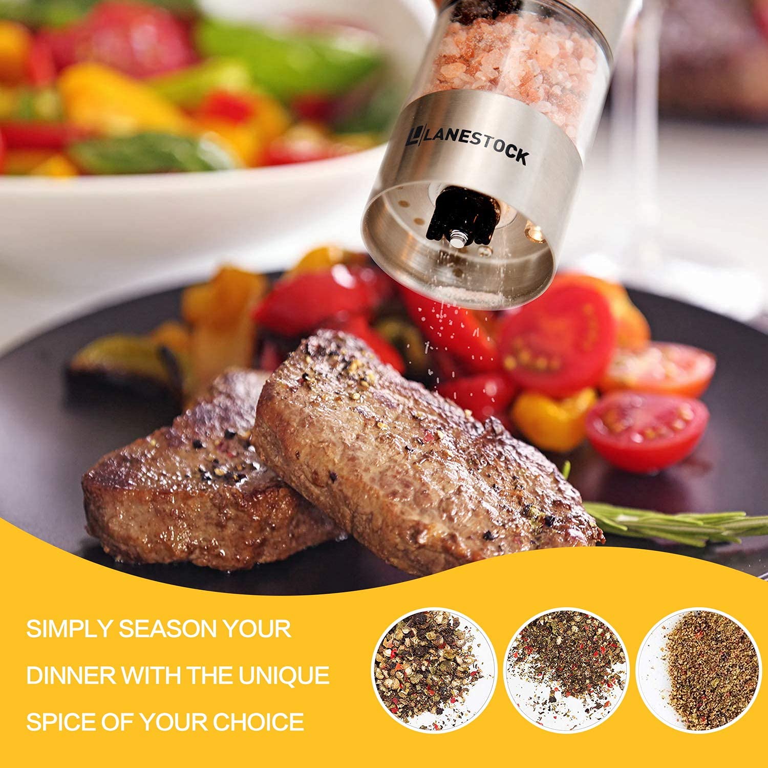 Premium Electric Salt and Pepper Grinder Set by Lanestock - Battery Operated Stainless Steel Spice Mills with Stand - Adjustable Coarseness & Built-in LED Light - Powerful Motor for Long-Lasting Performance - Perfect for Kitchen, Dining Table, and Restaurant Use