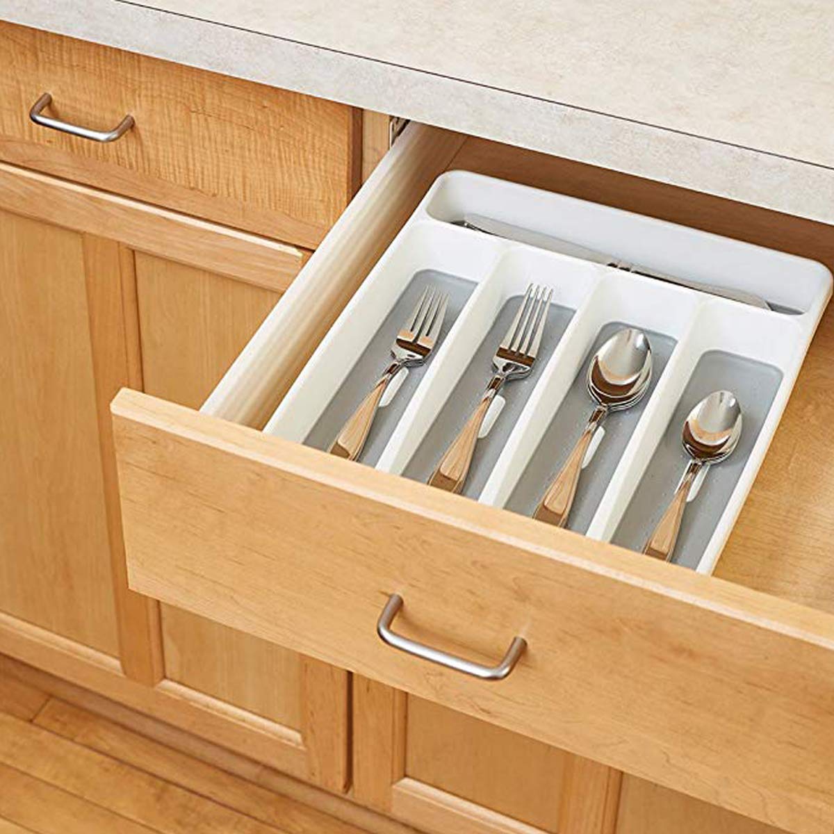Rainbow 40-Piece Stainless Steel Silverware Set - Mirror Polished Flatware Set with 5-Compartment Non-Slip Drawer Organizer - Dishwasher Safe Cutlery for 8 Place Settings (Knives, Forks, Spoons) - Perfect for Dinner Parties, Restaurants, and Everyday Dining