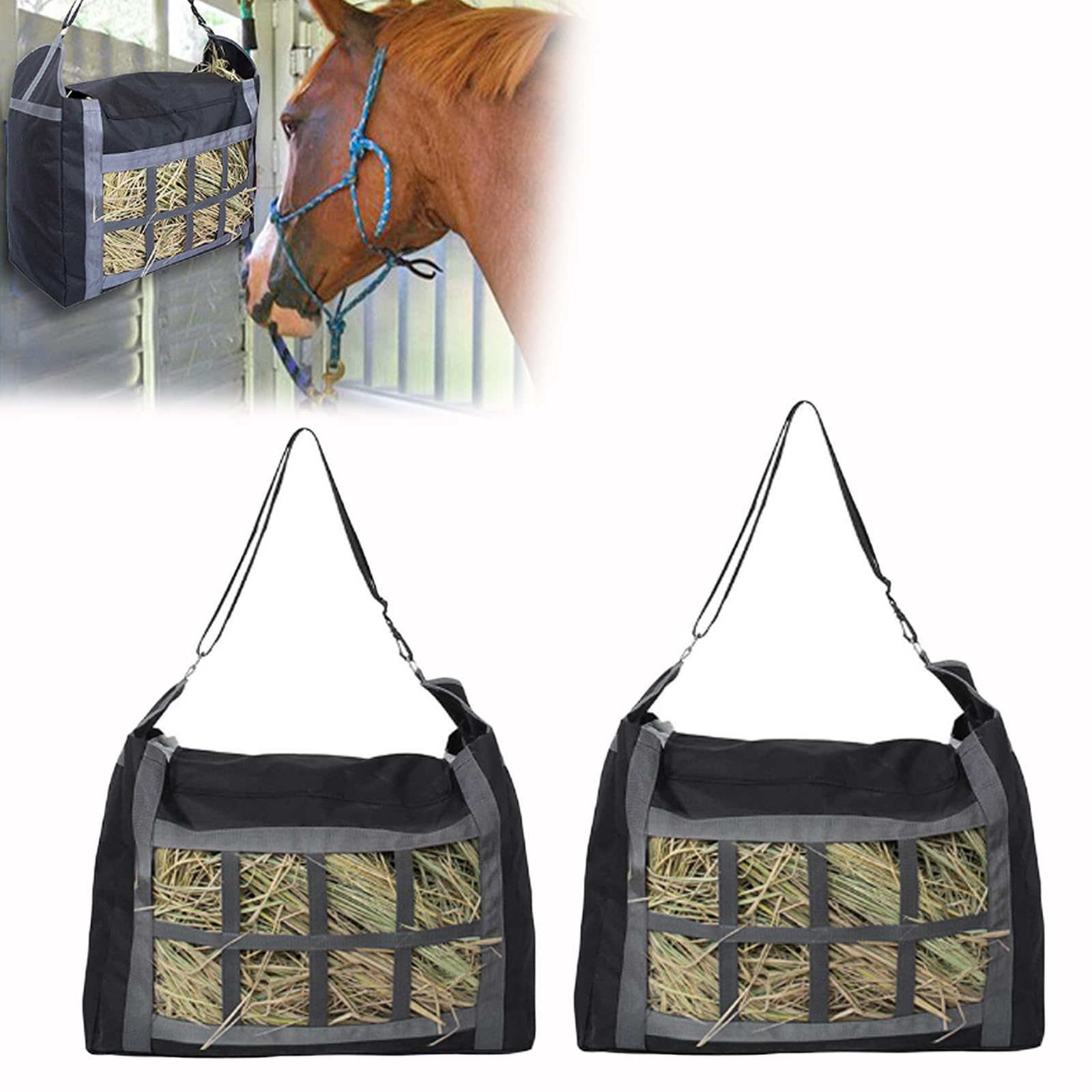 Slow Feeder Hay Bag for Horses, Donkeys & Goats - 2 Pack Durable Hay Storage Net for Camping, Travel & Stable Use - Easy Fill Design Reduces Waste & Promotes Natural Grazing