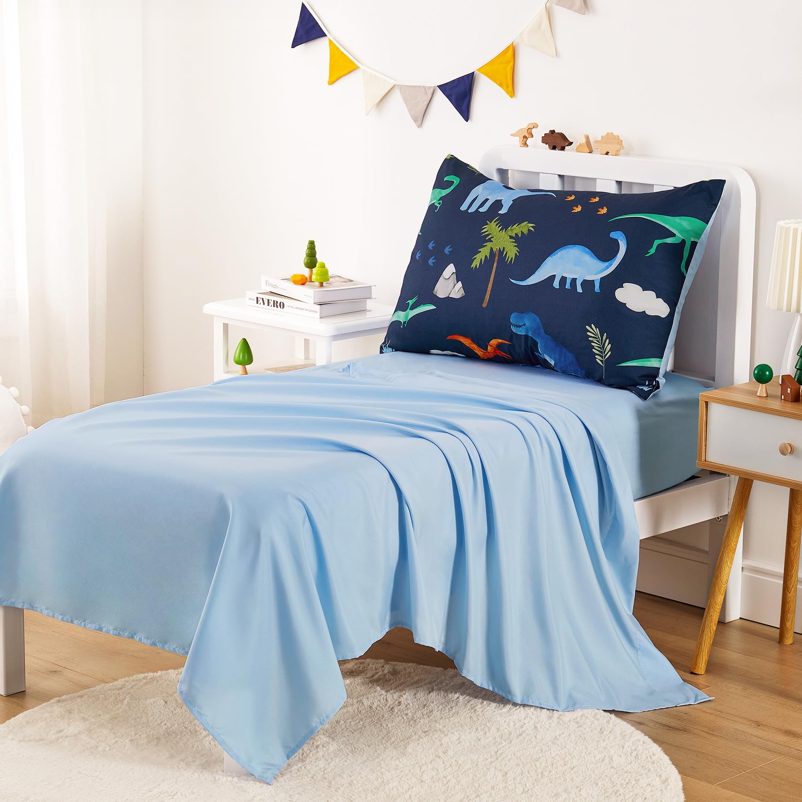 Wake In Cloud - 4-Piece Soft Toddler Bedding Set for Boys, Dinosaur & Volcano Theme, Navy Blue - Includes Comforter, Fitted Sheet, Flat Sheet & Pillowcase - Perfect for Nursery, Daycare or Kids' Room Decor