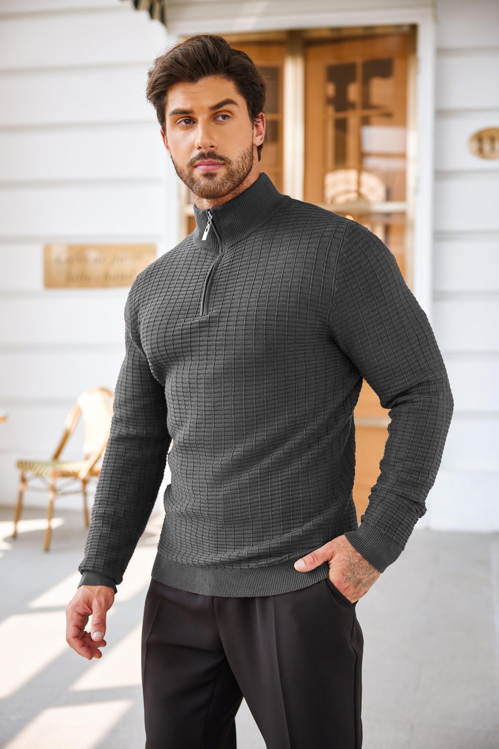 COOFANDY Men's Slim Fit Lightweight Cotton Quarter Zip Pullover Sweater - Mock Neck Casual Knit Top for Fall & Winter Layering